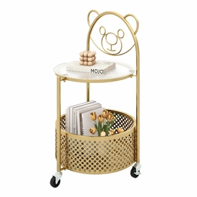 Giantex Mobile Glass Coffee Table, 2-Tier Round End Table with Bear Pattern, Storage Basket, Metal Frame console table, hallway table