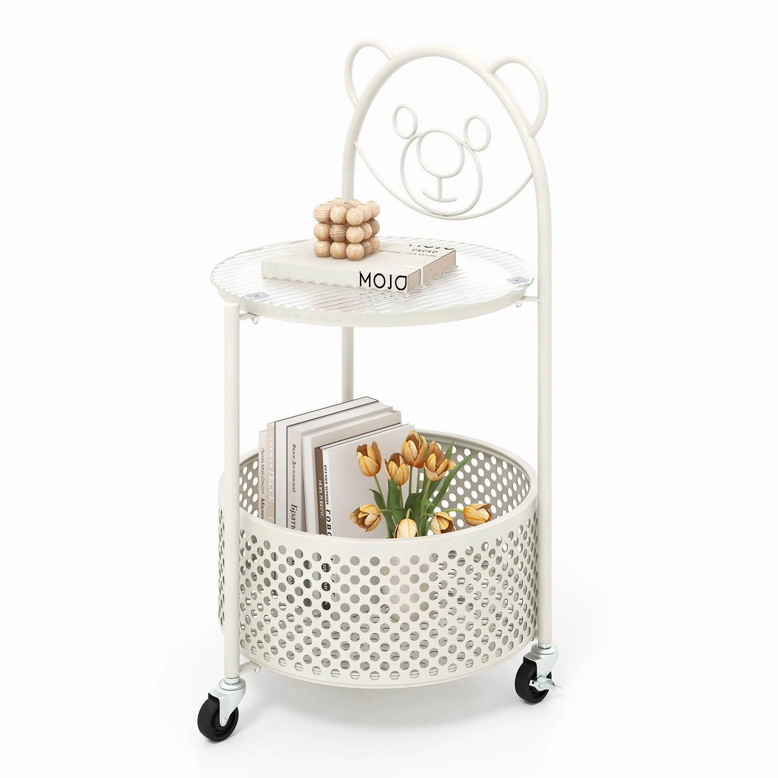 Giantex Mobile Glass Coffee Table, 2-Tier Round End Table with Bear Pattern, Storage Basket, Metal Frame