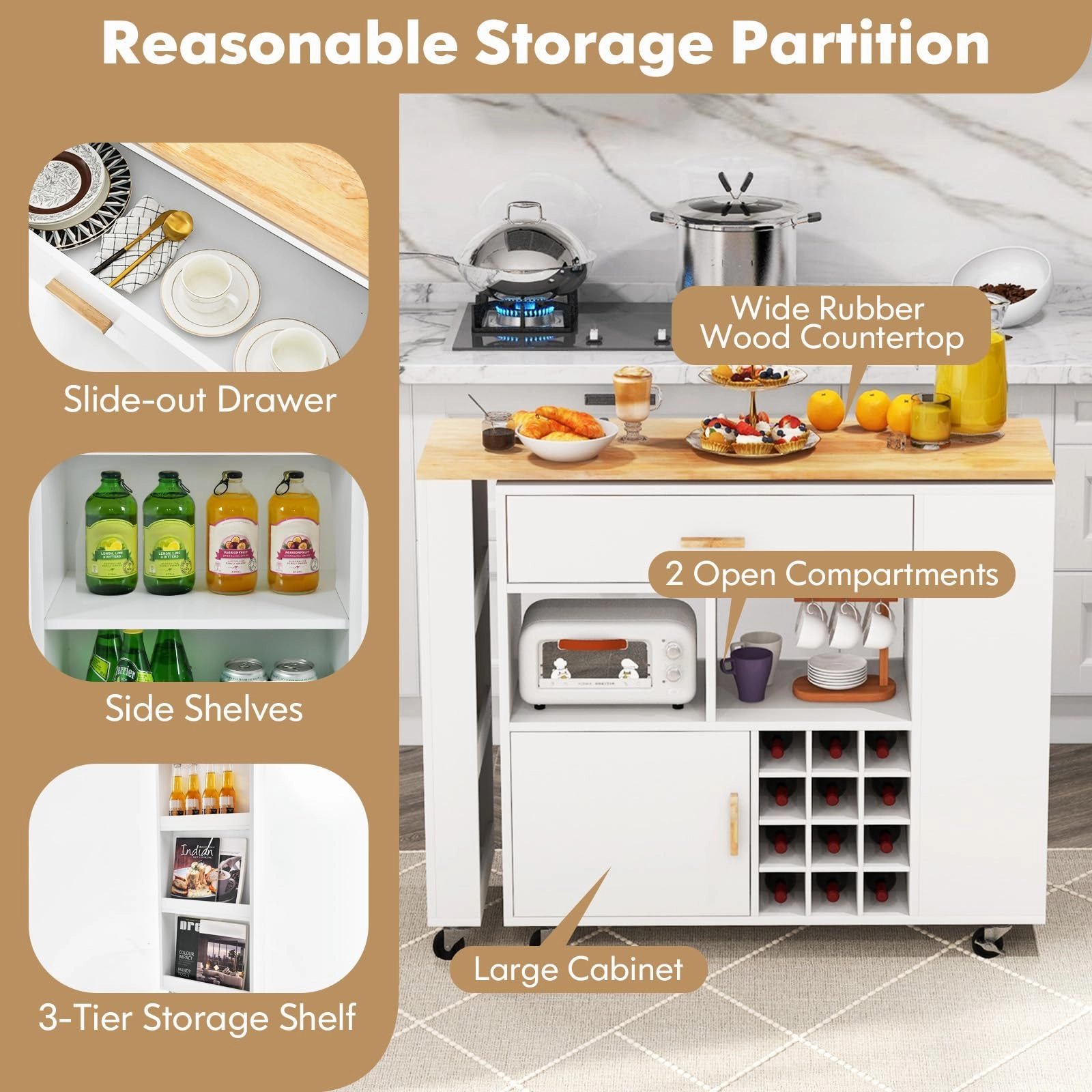 Giantex Mobile Kitchen Island Cart - 2-in-1 Reversible Serving Cart Bar Table Combo, White