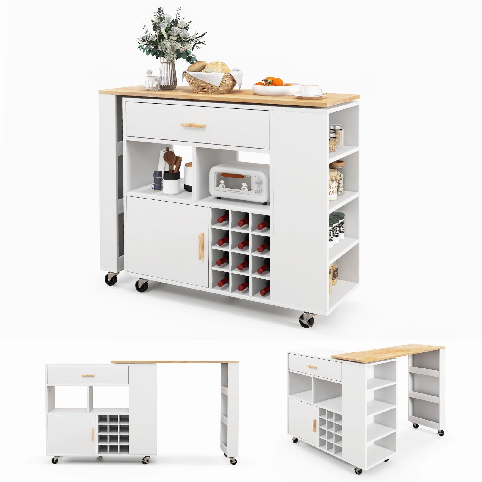 Giantex Mobile Kitchen Island Cart - 2-in-1 Reversible Serving Cart Bar Table Combo, White kitchen towel, placemats