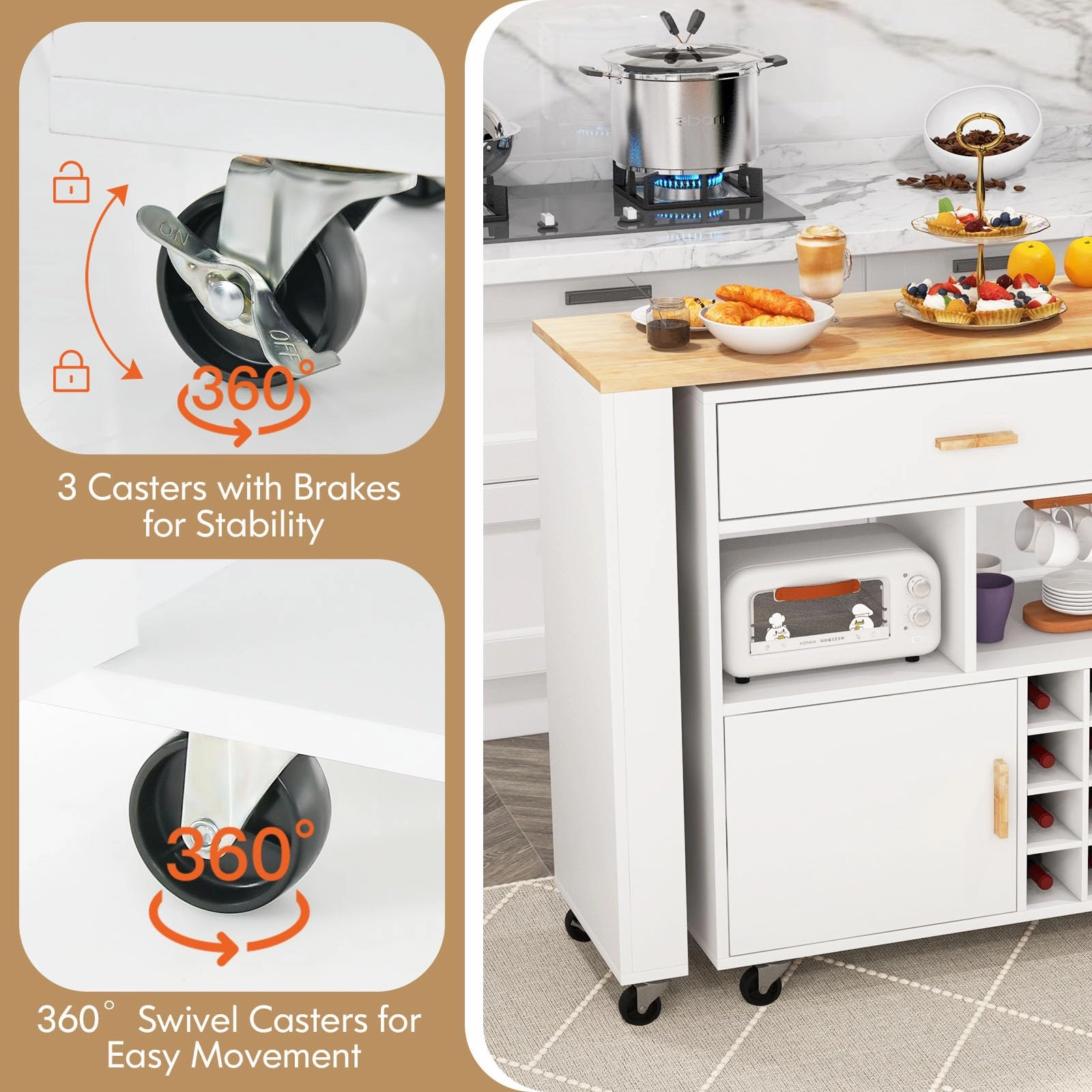 Giantex Mobile Kitchen Island Cart - 2-in-1 Reversible Serving Cart Bar Table Combo, White