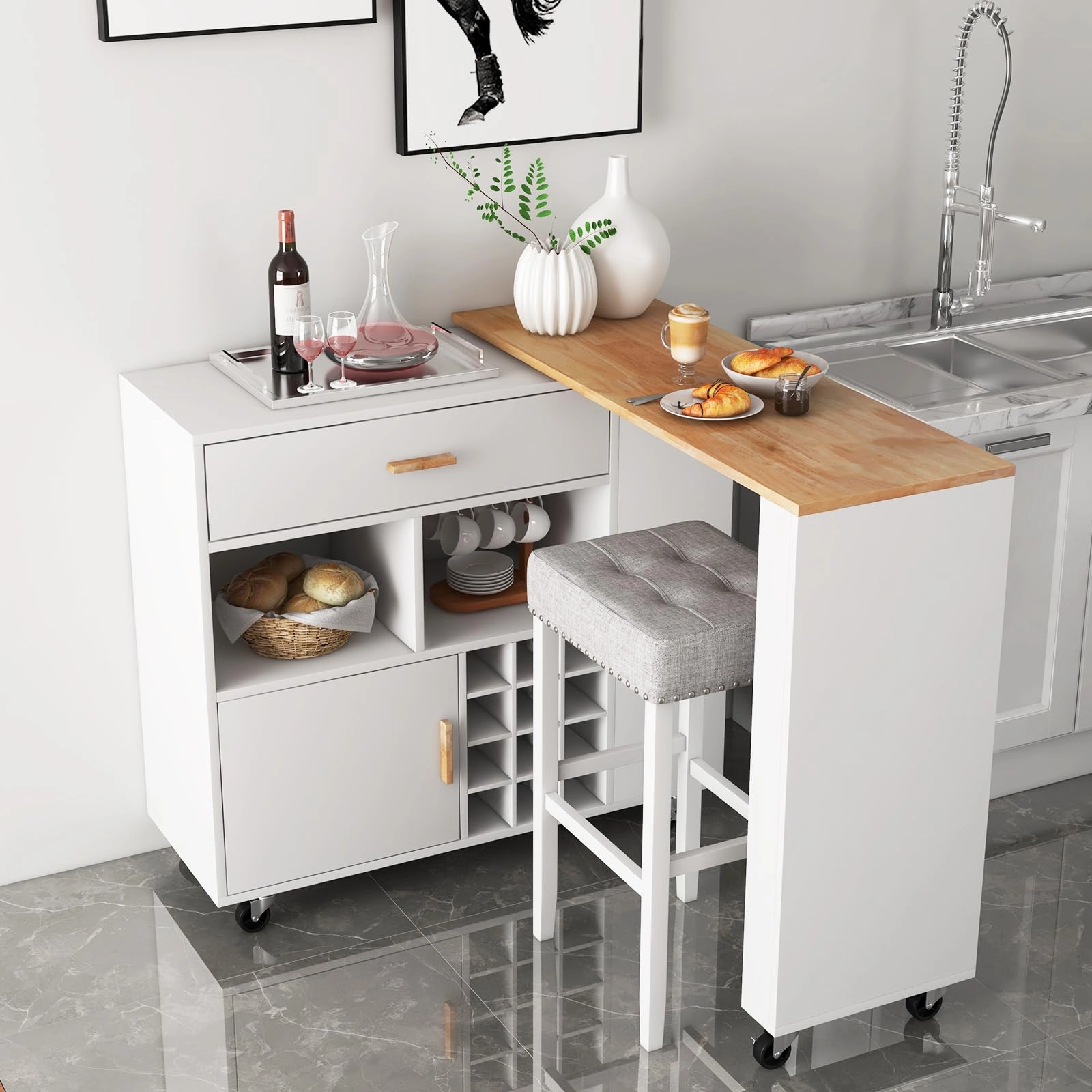 Giantex Mobile Kitchen Island Cart - 2-in-1 Reversible Serving Cart Bar Table Combo, White