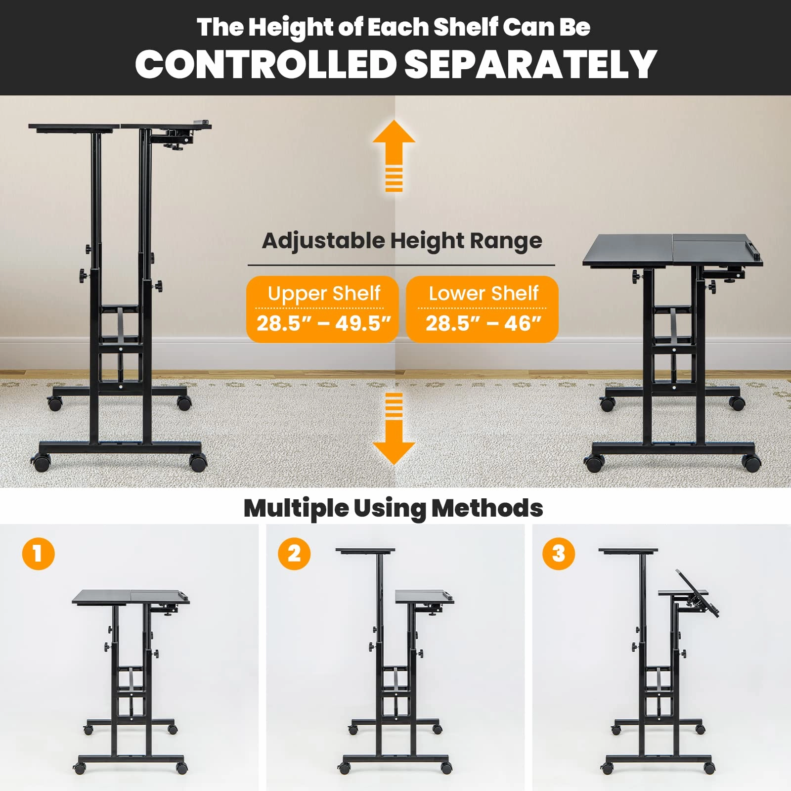 Giantex Mobile Stand up Desk Adjustable, Rolling Standing Laptop Cart, 27.5"D x 22"W x 49.5"H