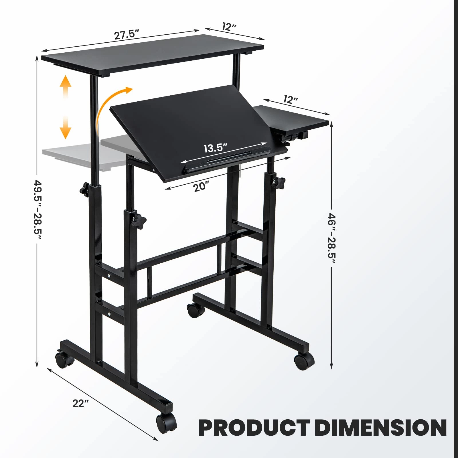 Giantex Mobile Stand up Desk Adjustable, Rolling Standing Laptop Cart, 27.5"D x 22"W x 49.5"H
