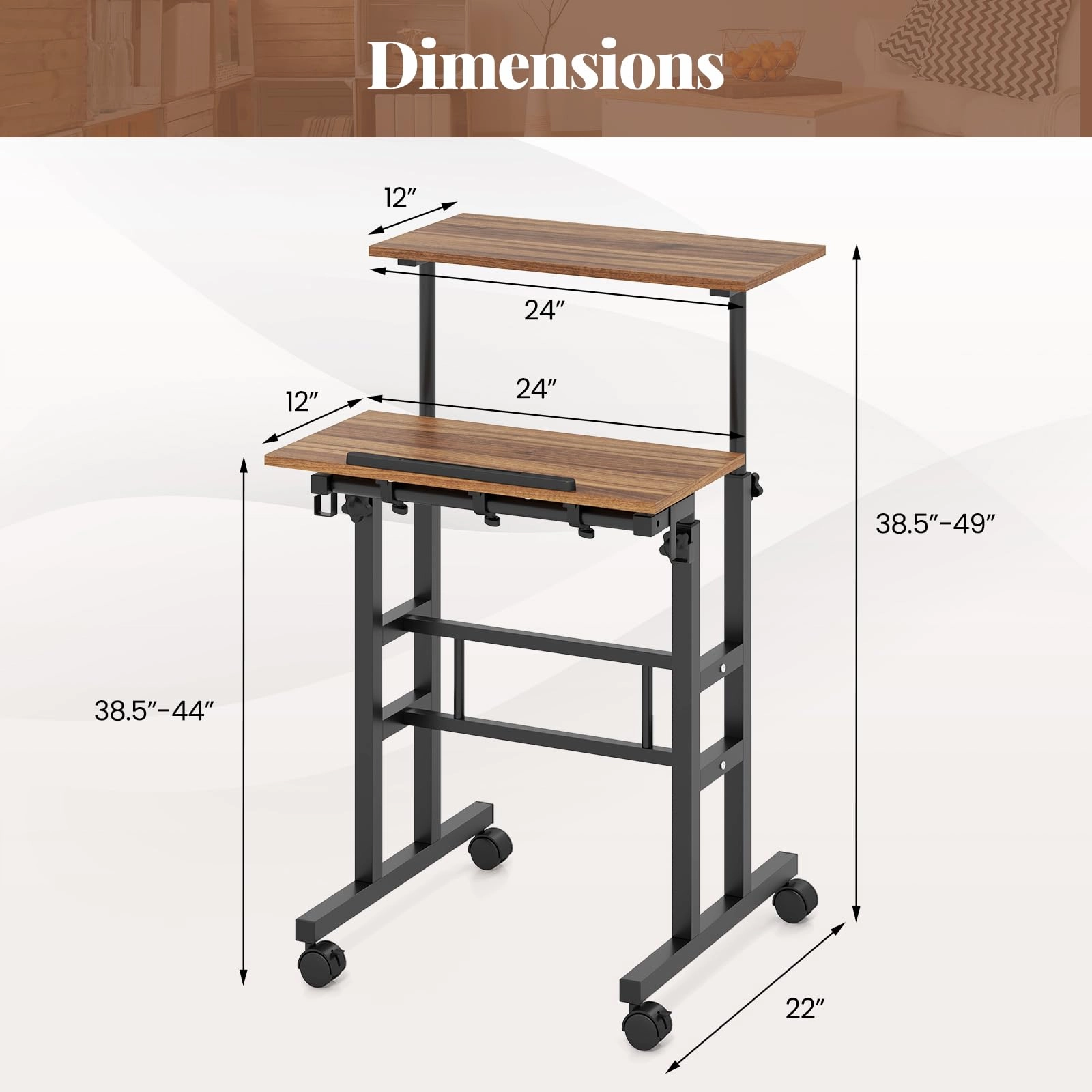 Giantex Mobile Stand up Desk, Height Adjustable, 24"D x 22"W x 49"H