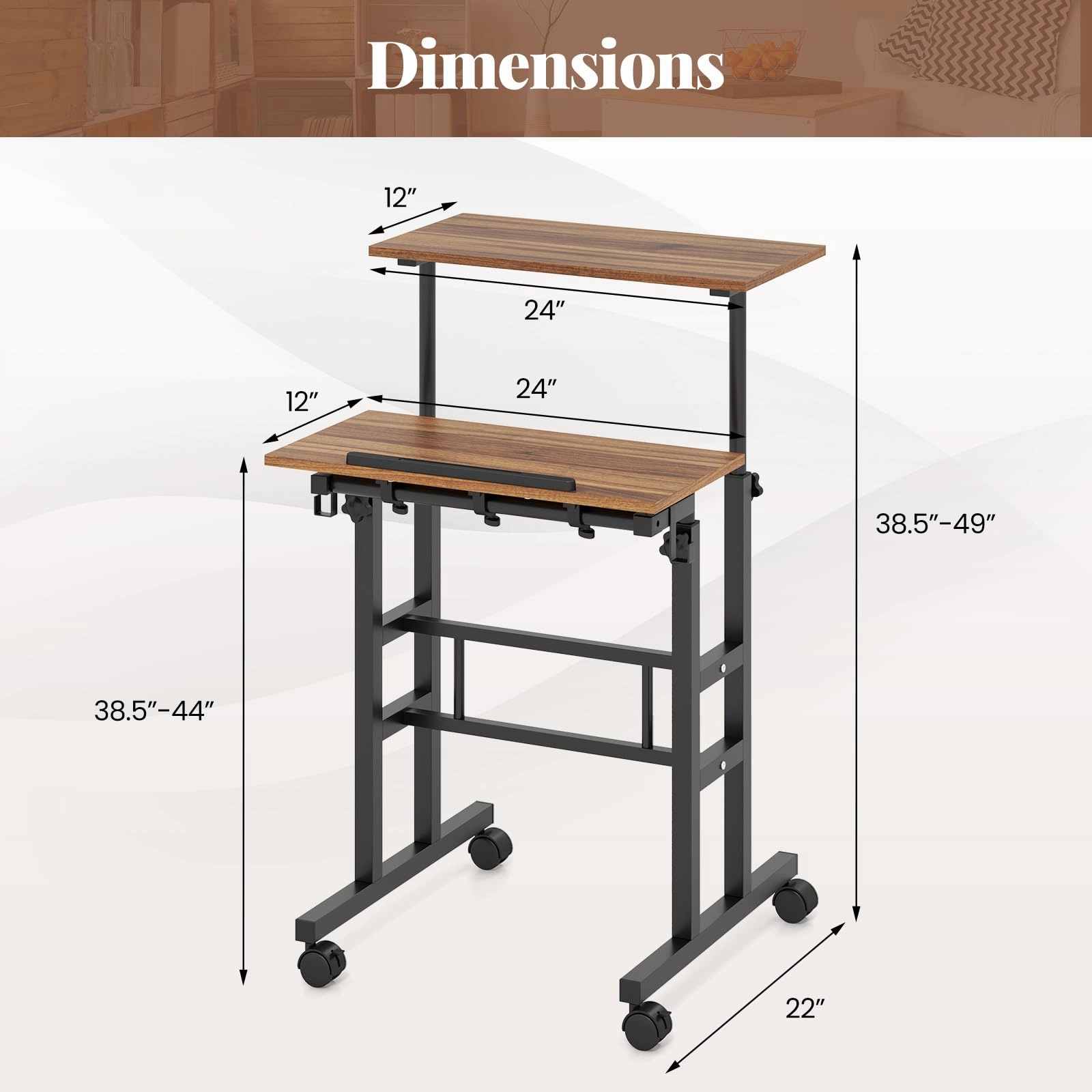 Giantex Mobile Stand up Desk, Height Adjustable, 24"D x 22"W x 49"H