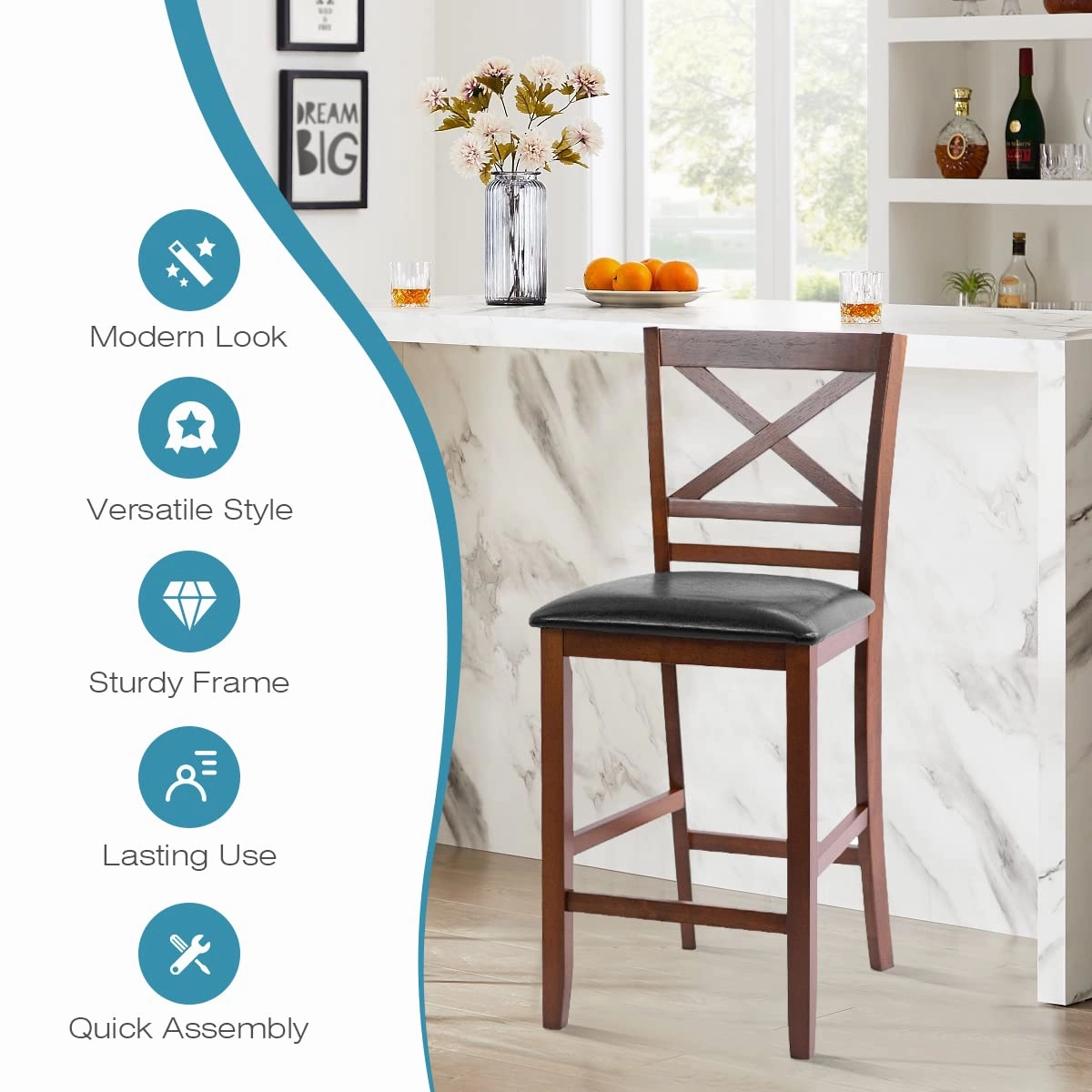Giantex Modern 25 Counter Height Dining Pub Stools with X-Shaped Backrest, Soft Cushion & Durable PU Seat