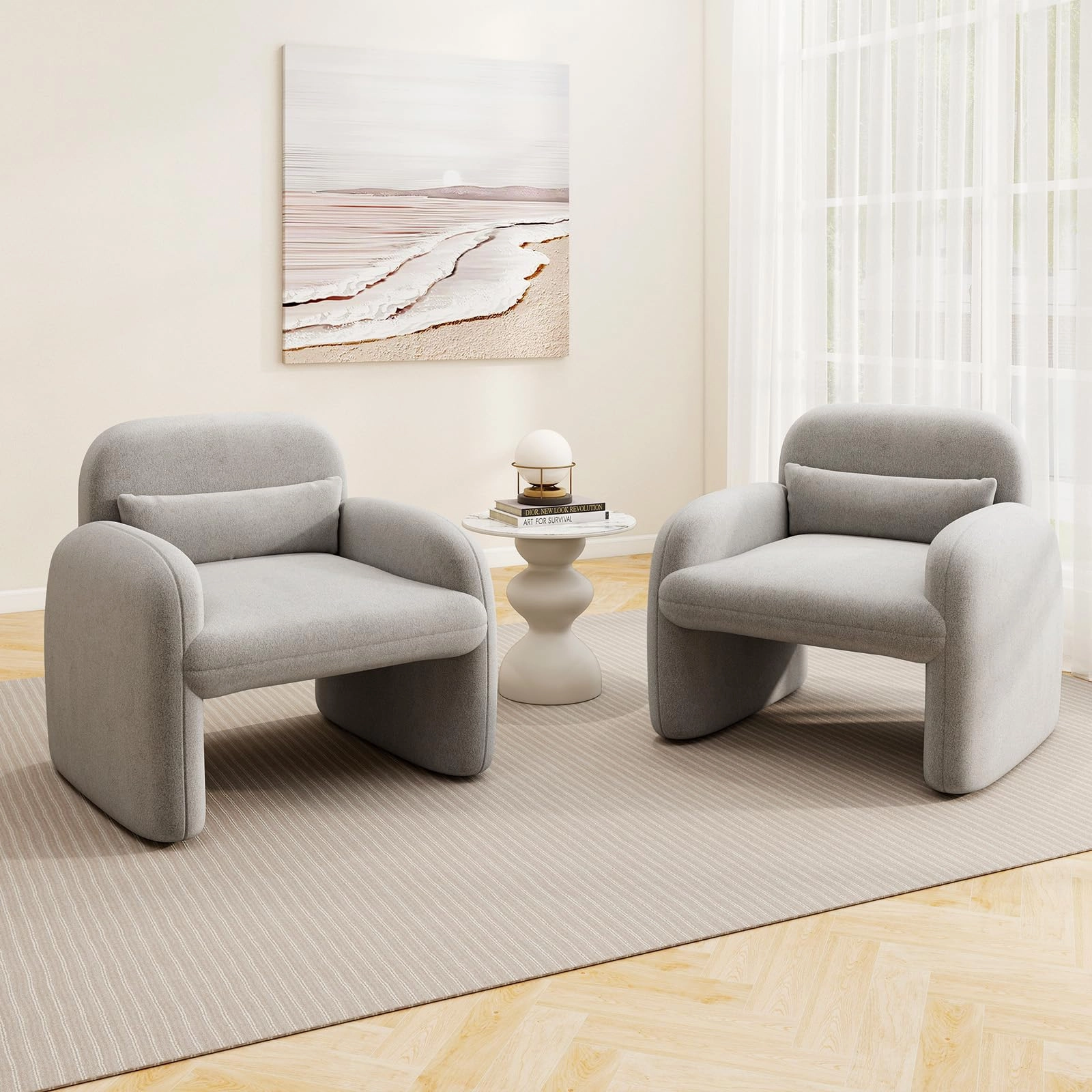 Giantex Modern Accent Chair for Living Room, Sherpa Fabric Upholstered Armchair w/Waist Pillow, Comfy Reading Chair w/Armrests
