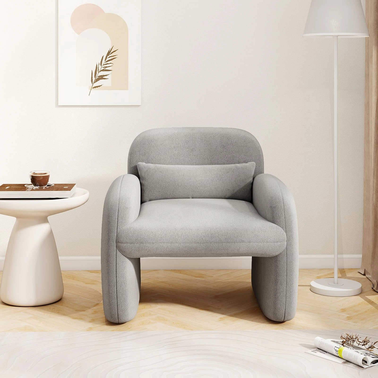 Giantex Modern Accent Chair for Living Room, Sherpa Fabric Upholstered Armchair w/Waist Pillow, Comfy Reading Chair w/Armrests