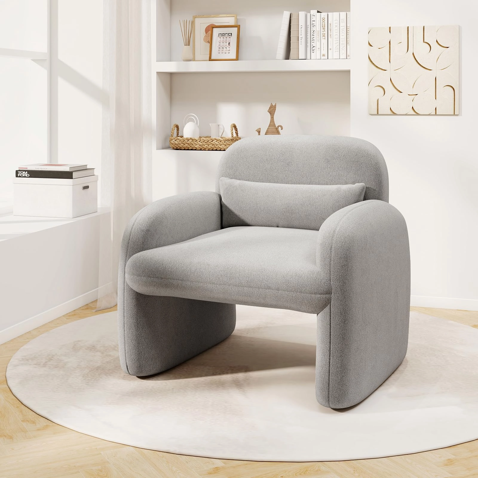 Giantex Modern Accent Chair for Living Room, Sherpa Fabric Upholstered Armchair w/Waist Pillow, Comfy Reading Chair w/Armrests recliner chair, sleeper chair