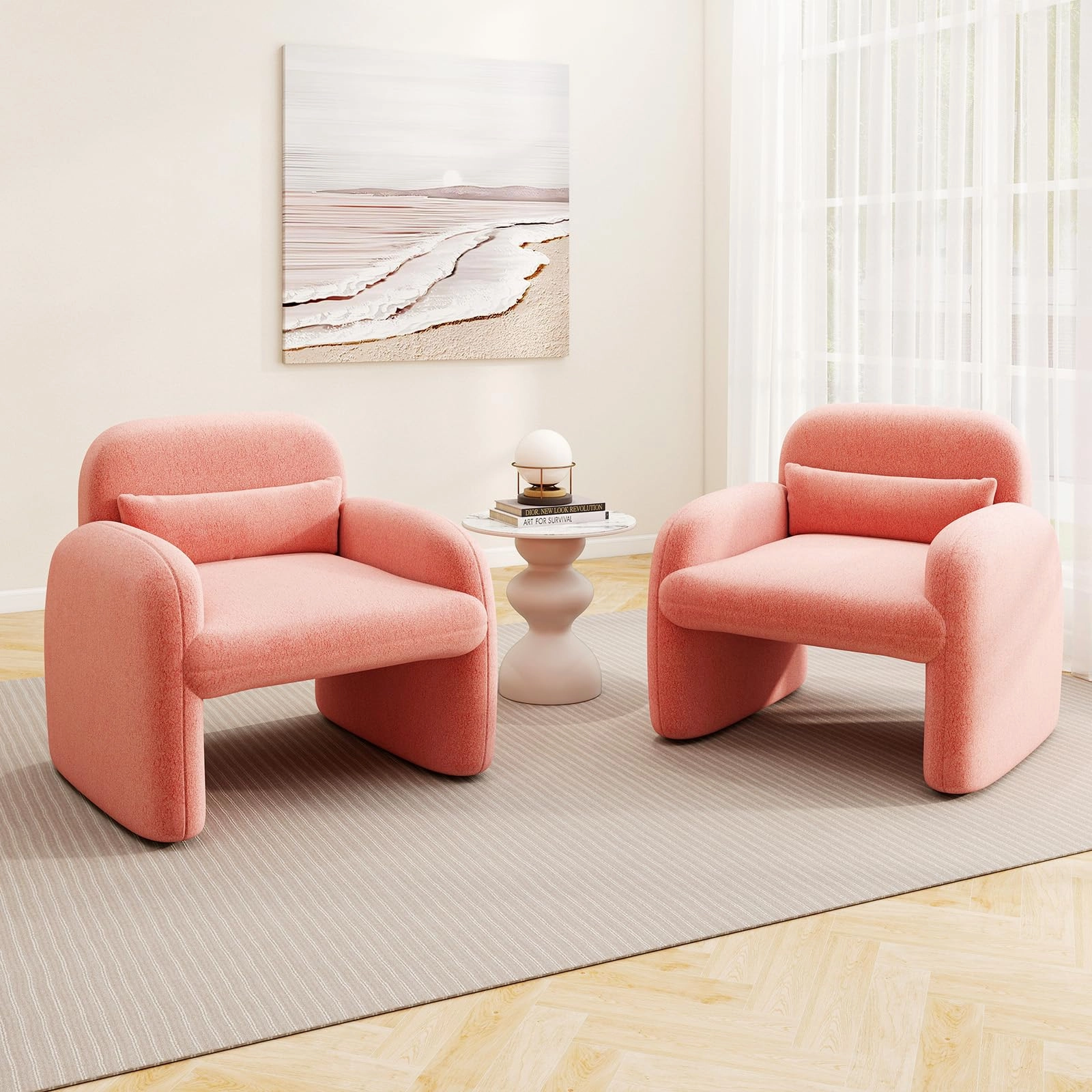 Giantex Modern Accent Chair for Living Room, Sherpa Fabric Upholstered Armchair w/Waist Pillow, Comfy Reading Chair w/Armrests