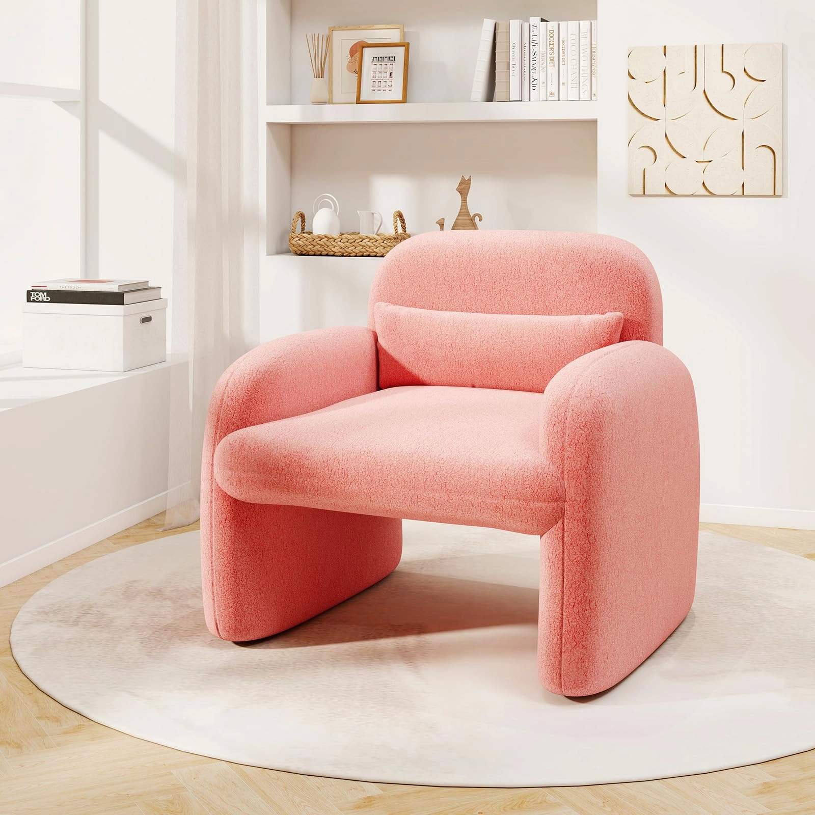Giantex Modern Accent Chair for Living Room, Sherpa Fabric Upholstered Armchair w/Waist Pillow, Comfy Reading Chair w/Armrests
