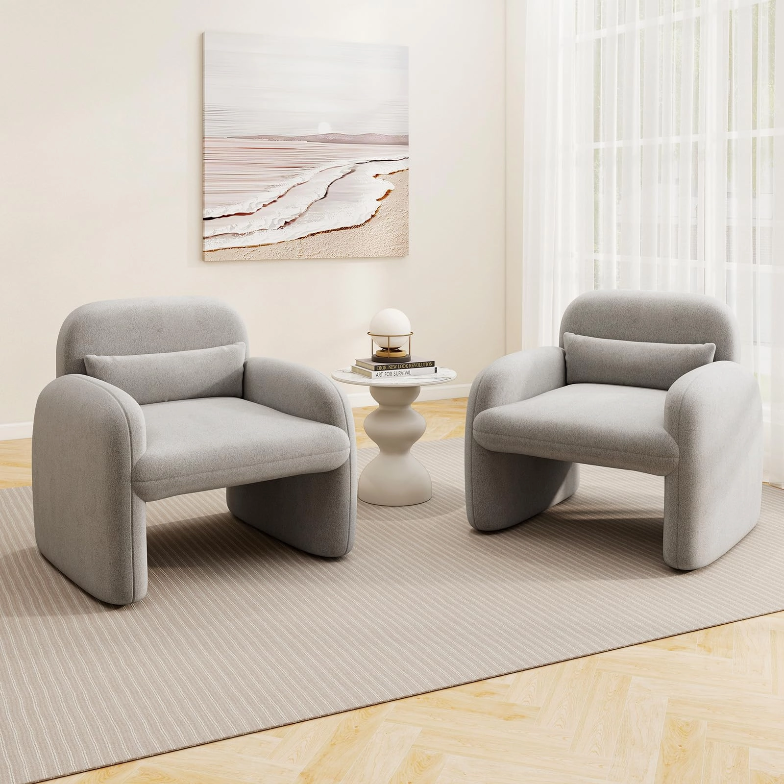 Giantex Modern Accent Chair for Living Room, Sherpa Fabric Upholstered Armchair w/Waist Pillow, Comfy Reading Chair w/Armrests