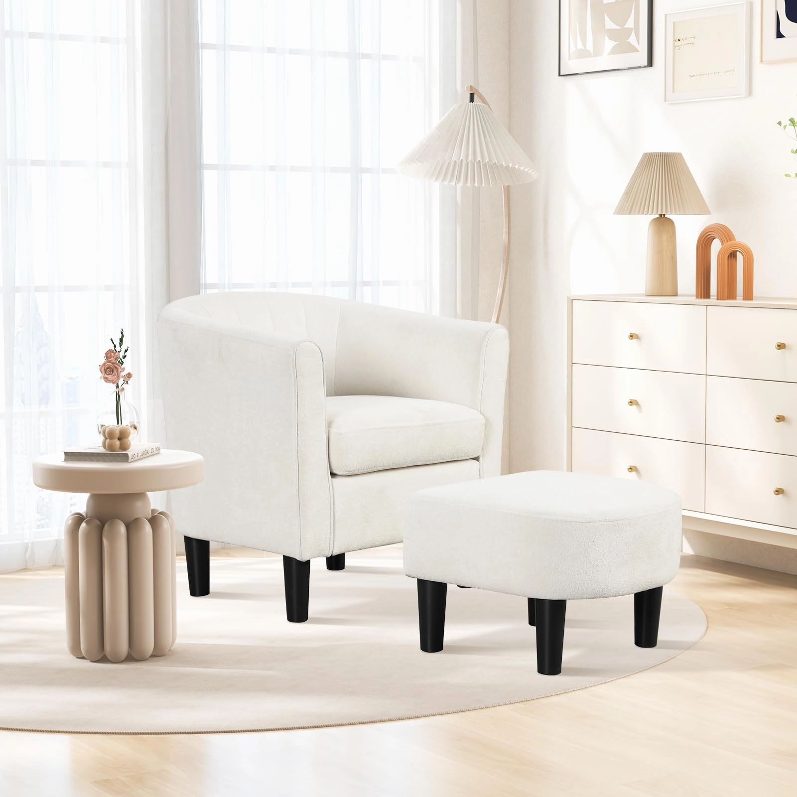 Giantex Modern Accent Chair with Ottoman, Upholstered Teddy Velvet Barrel Club Chair w/Footrest