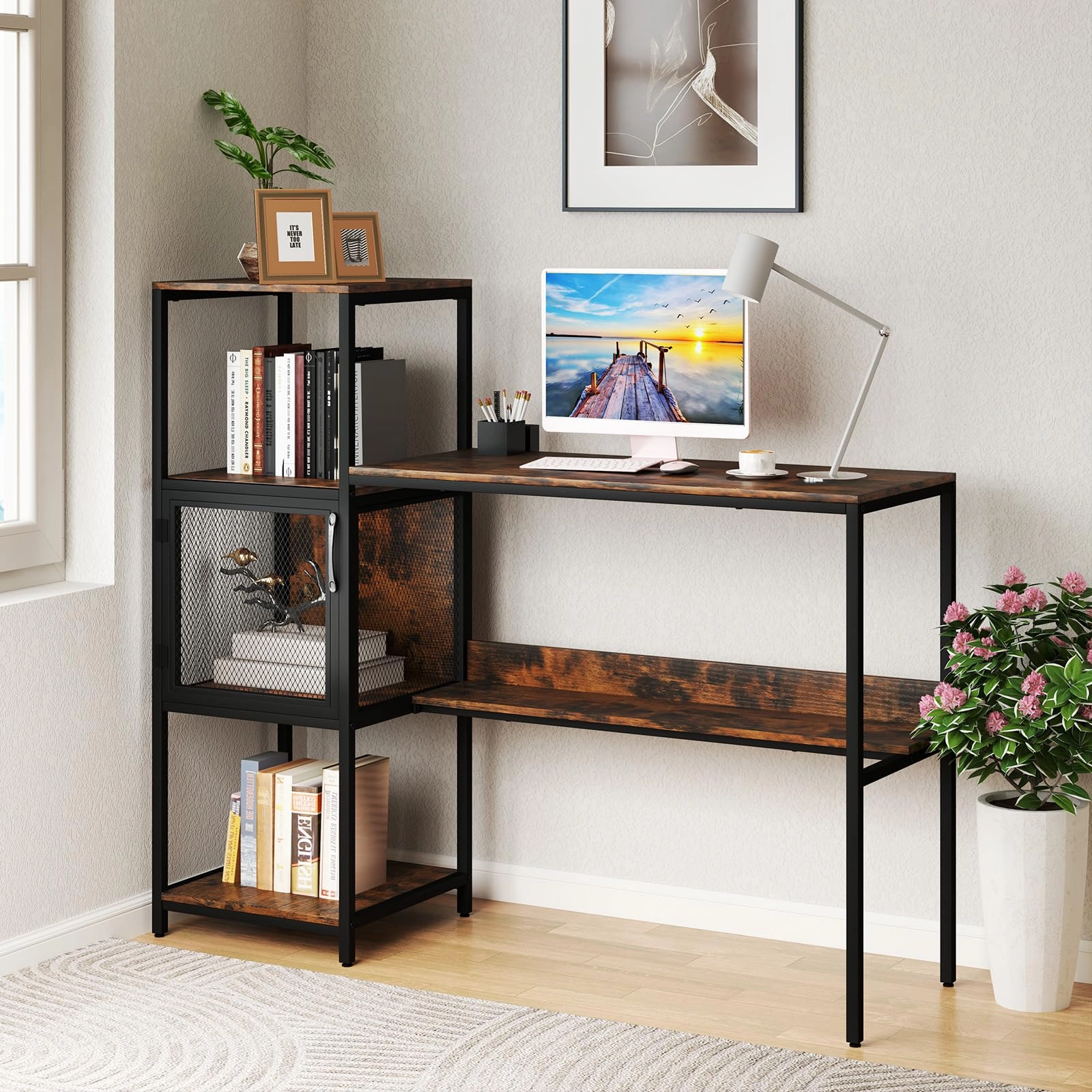 Giantex Modern Computer Workstation Home Office Desk with Storage Cabinet and Shelves