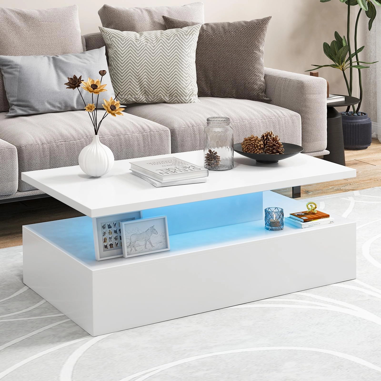 Giantex Modern LED Coffee Table - 2-Tier High Glossy Coffee Table
