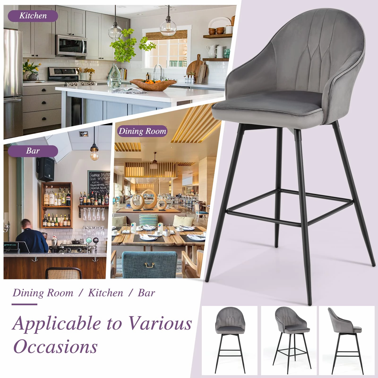 Giantex Modern Low Back Bar Chairs for Kitchen, Pub, Bistro, Grey