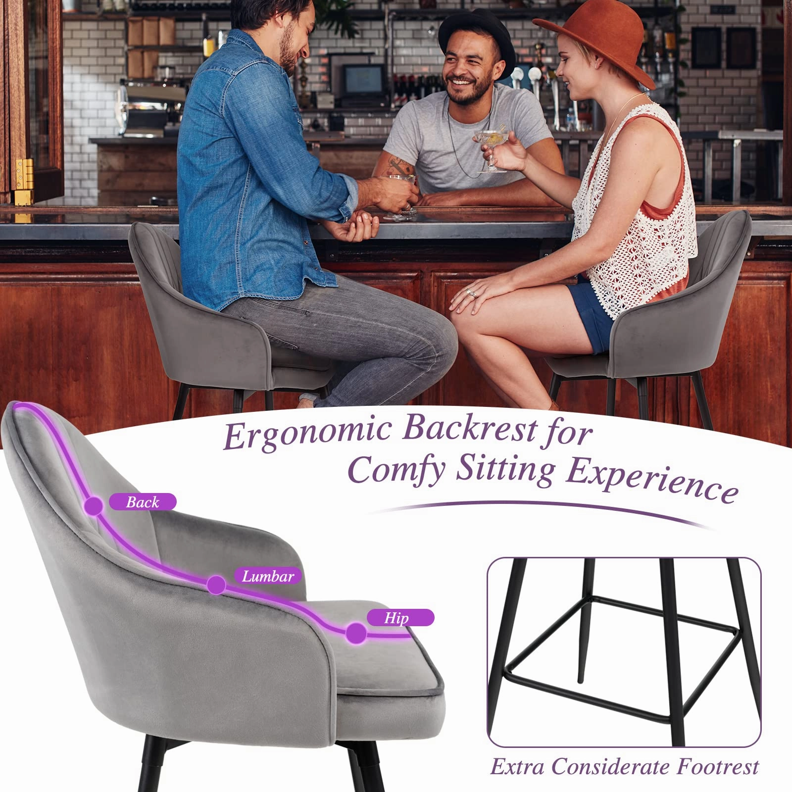 Giantex Modern Low Back Bar Chairs for Kitchen, Pub, Bistro, Grey
