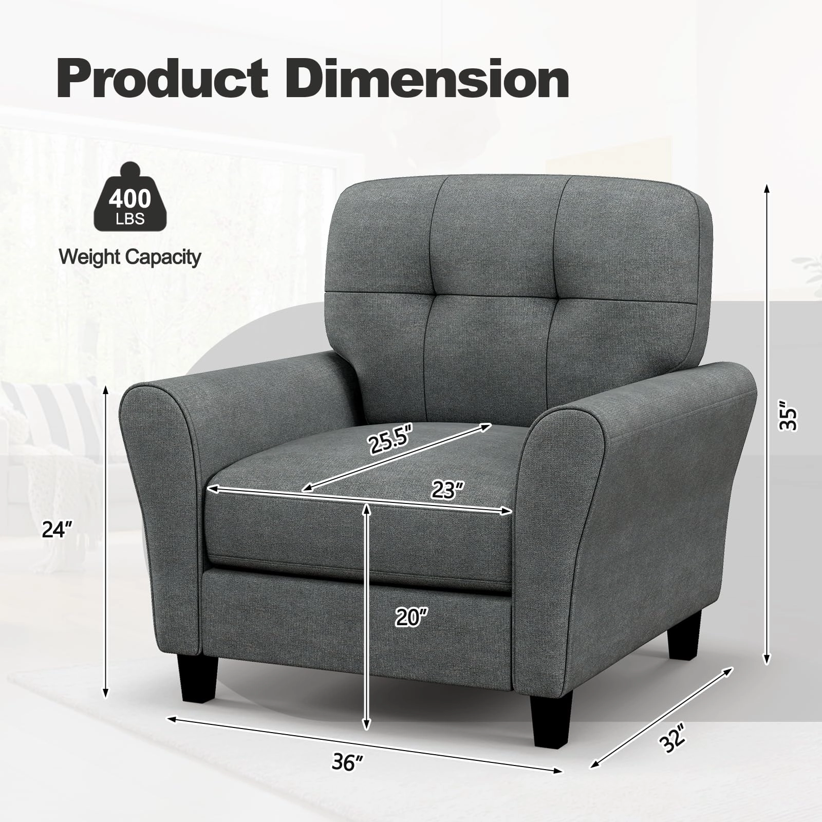 Giantex Modern Mid-Century Accent Chair - Linen Living Room Chair with Tufted Back, Grey