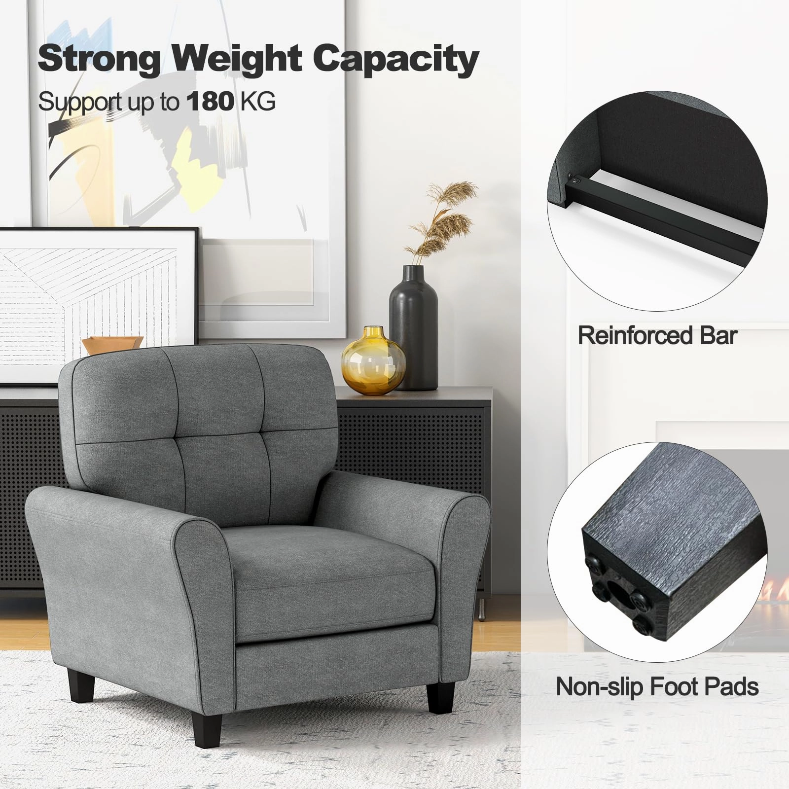 Giantex Modern Mid-Century Accent Chair - Linen Living Room Chair with Tufted Back, Grey