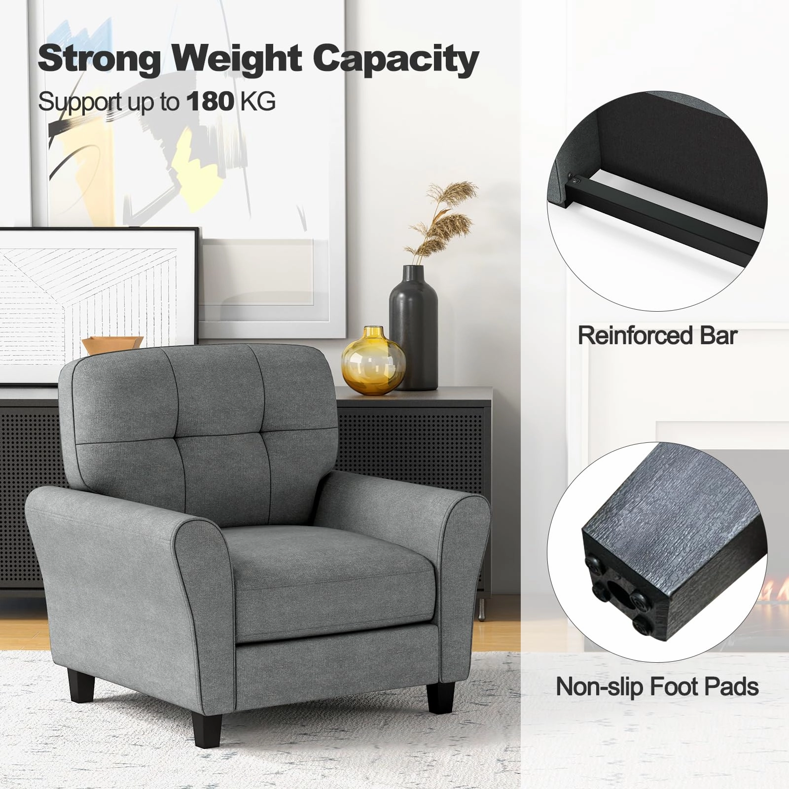 Giantex Modern Mid-Century Accent Chair - Linen Living Room Chair with Tufted Back, Grey