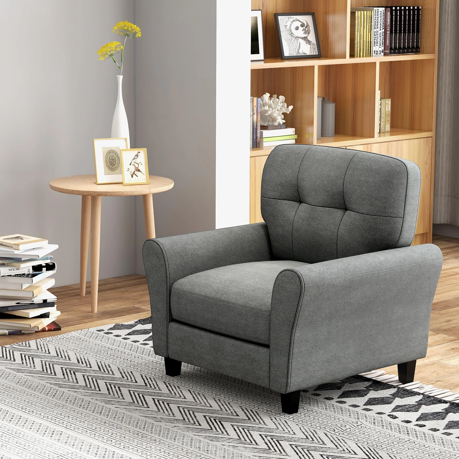 Giantex Modern Mid-Century Accent Chair - Linen Living Room Chair with Tufted Back, Grey
