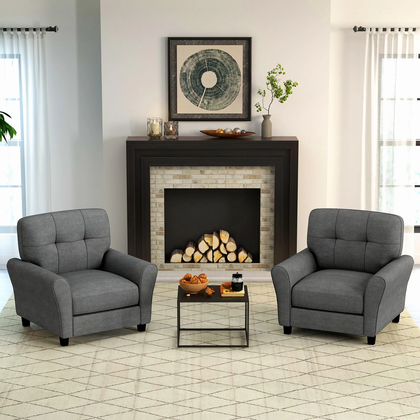 Giantex Modern Mid-Century Accent Chair - Linen Living Room Chair with Tufted Back, Grey