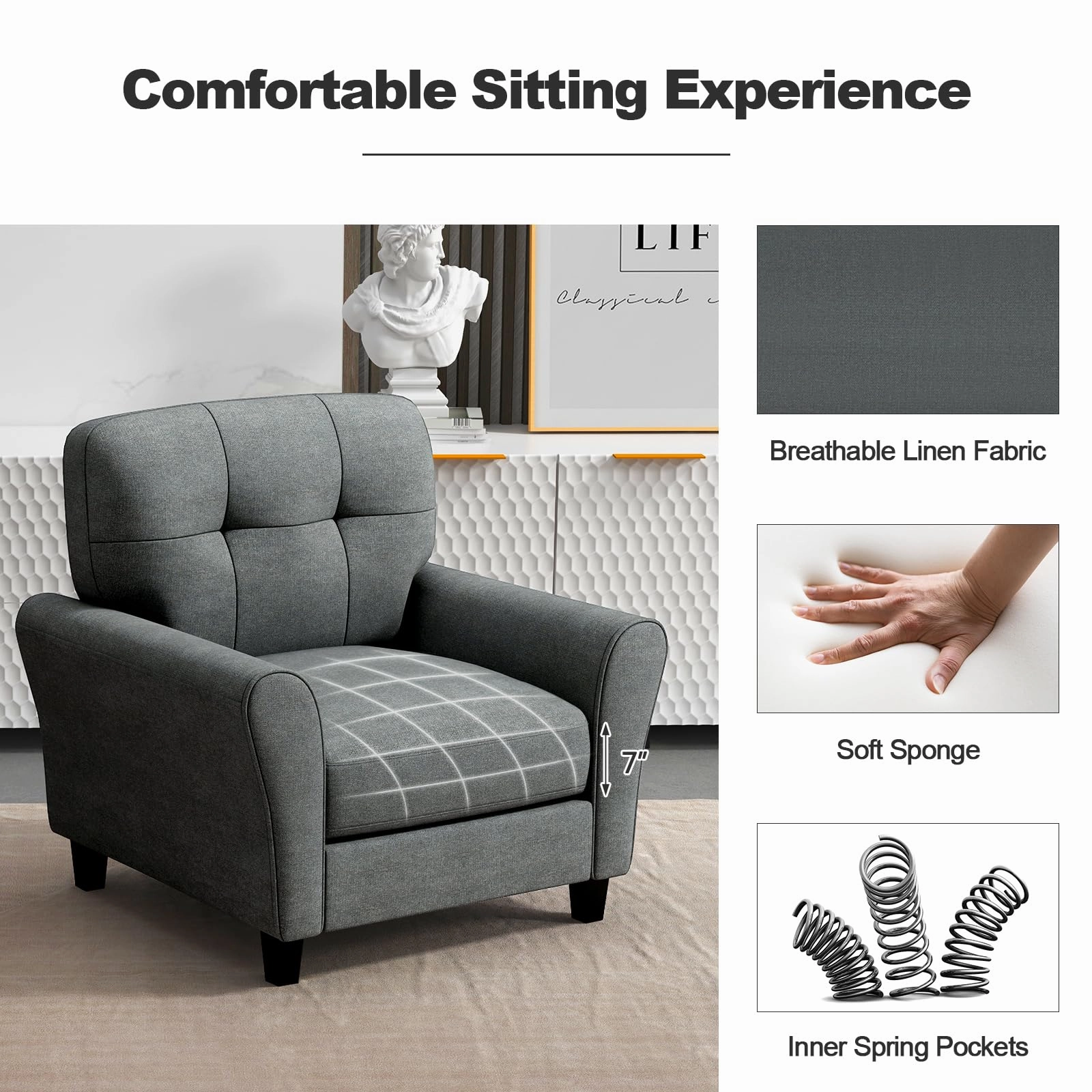 Giantex Modern Mid-Century Accent Chair - Linen Living Room Chair with Tufted Back, Grey