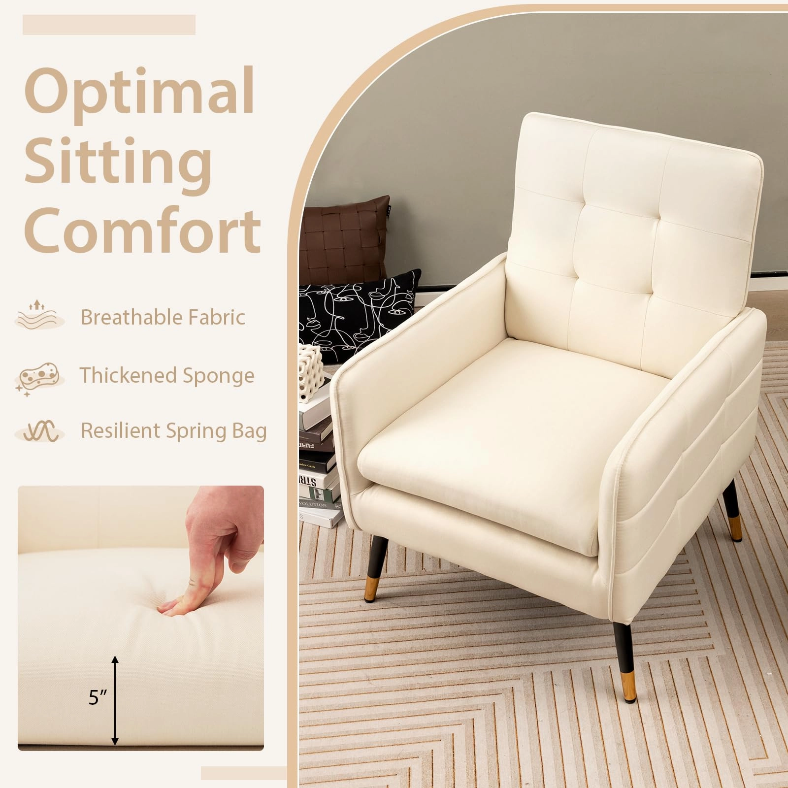 Giantex Modern Mid-Century Accent Chair - Upholstered Armchair with Tufted Back, Metal Legs