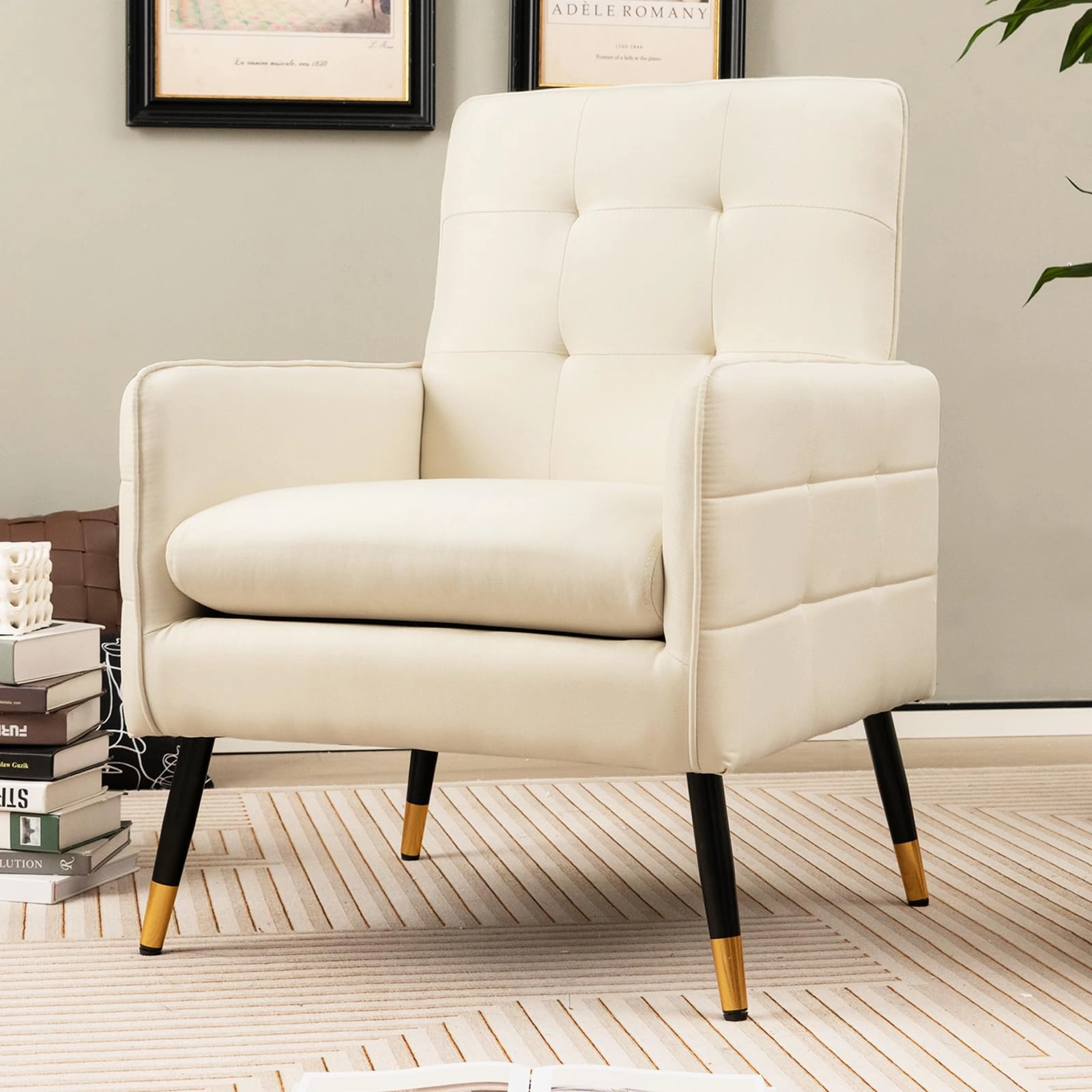 Giantex Modern Mid-Century Accent Chair - Upholstered Armchair with Tufted Back, Metal Legs