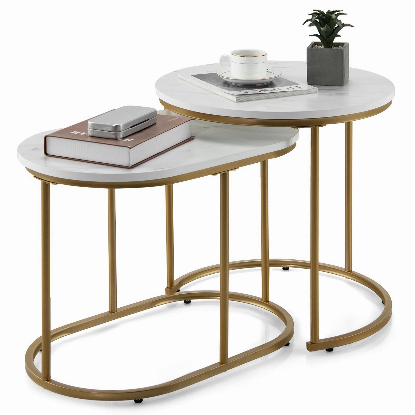 Giantex Modern Nesting Coffee Table Set of 2, Accent Marble Look Stacking Side Table for Living Room Bedroom