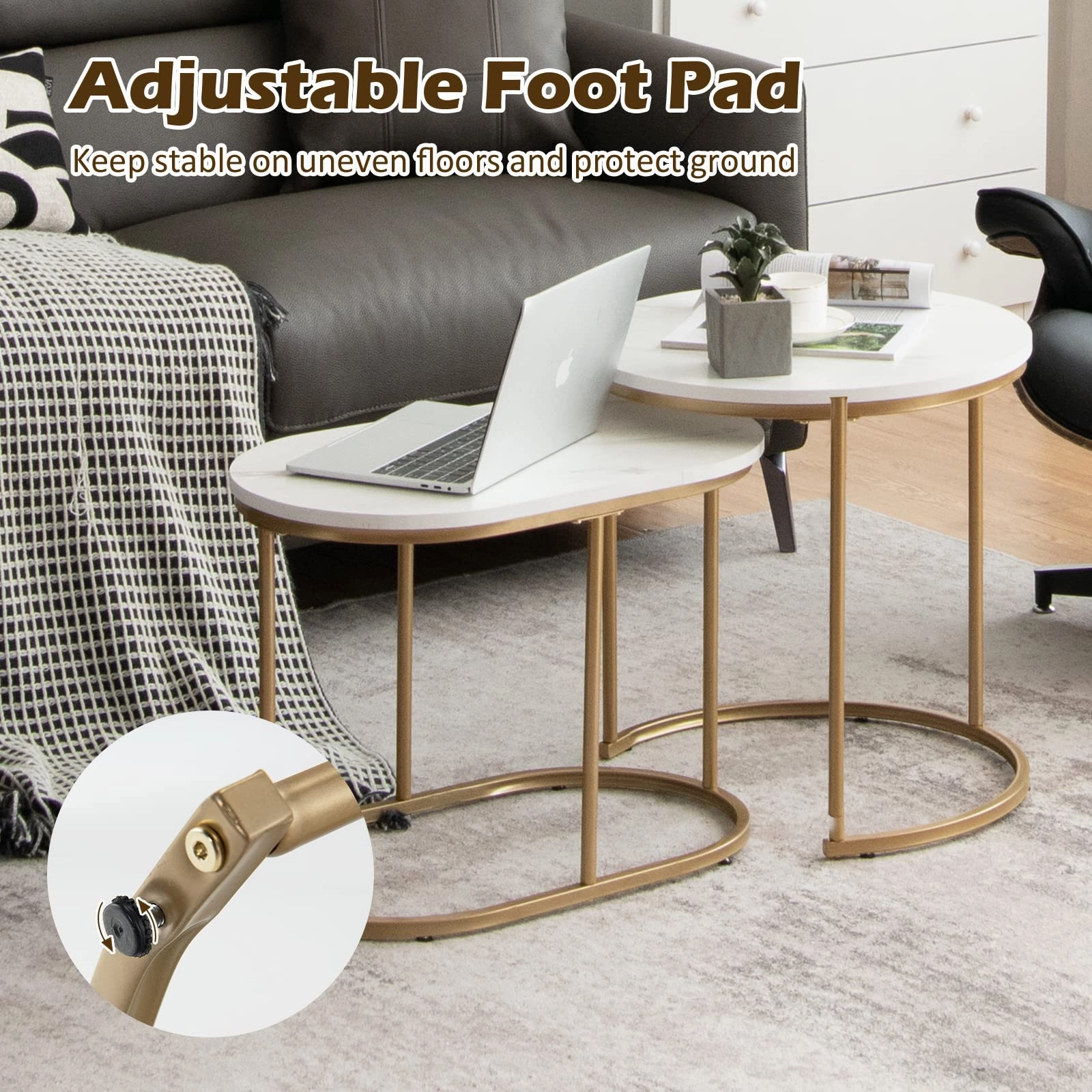 Giantex Modern Nesting Coffee Table Set of 2, Accent Marble Look Stacking Side Table for Living Room Bedroom