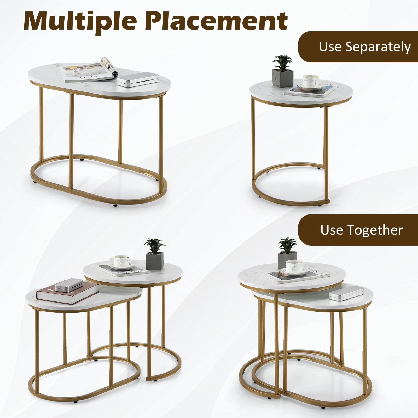 Giantex Modern Nesting Coffee Table Set of 2, Accent Marble Look Stacking Side Table for Living Room Bedroom
