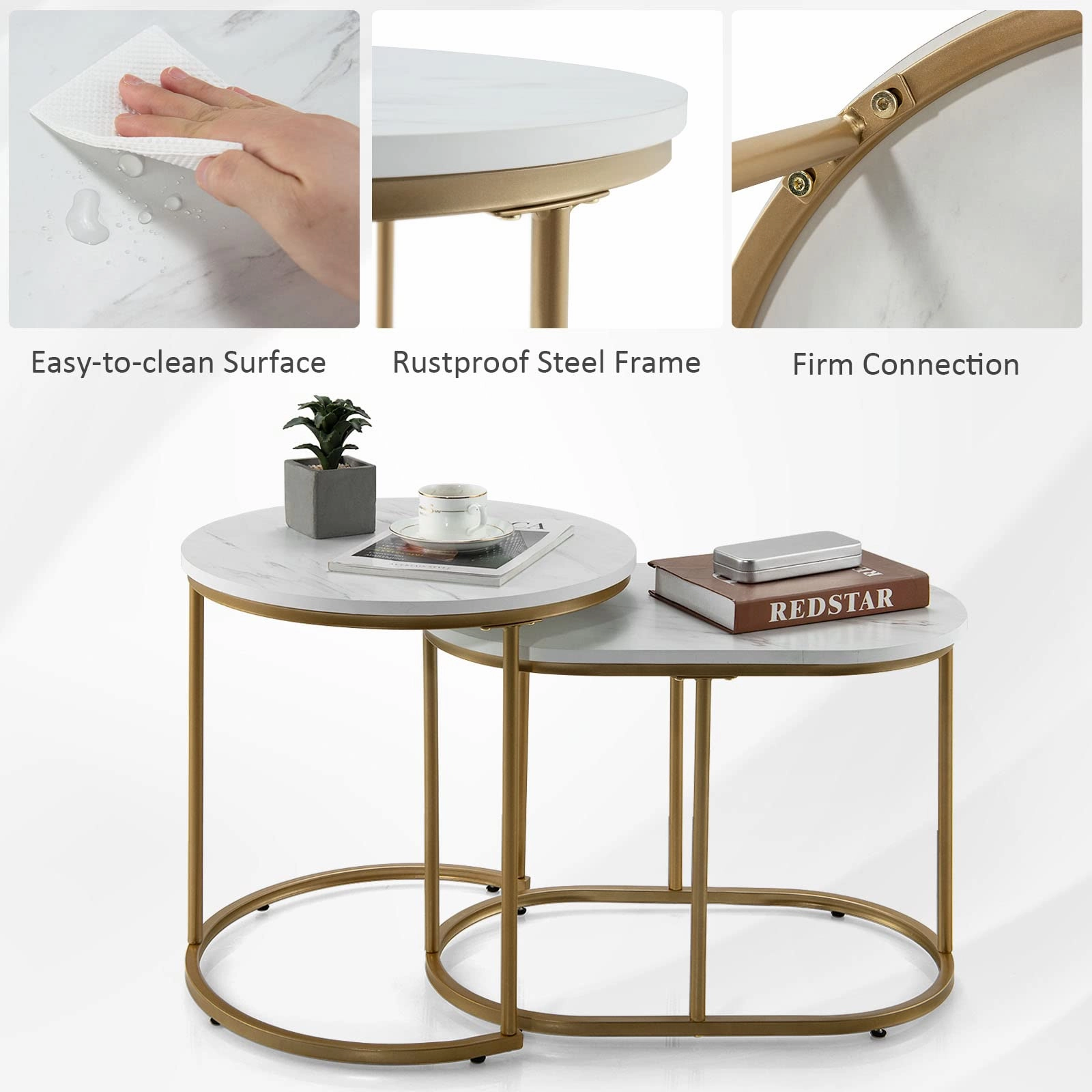 Giantex Modern Nesting Coffee Table Set of 2, Accent Marble Look Stacking Side Table for Living Room Bedroom