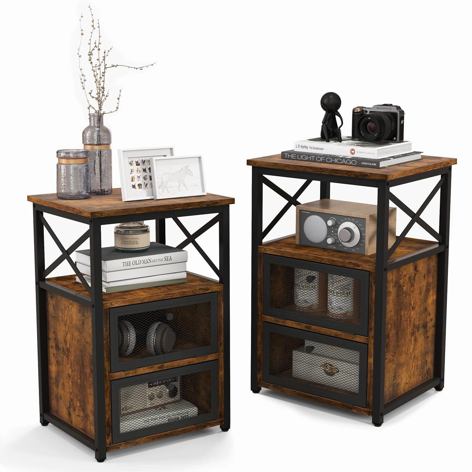 Giantex Modern Nightstand Set of 2, Industrial End Side Table with 2 Mesh Flip Drawers,Rustic Brown throw pillow, fuzzy blanket