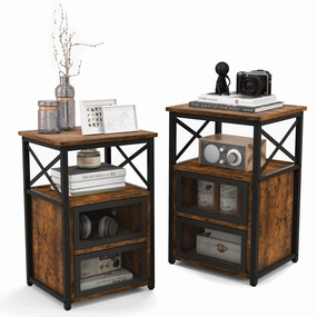 Giantex Modern Nightstand Set of 2, Industrial End Side Table with 2 Mesh Flip Drawers,Rustic Brown entry bench, mudroom storage
