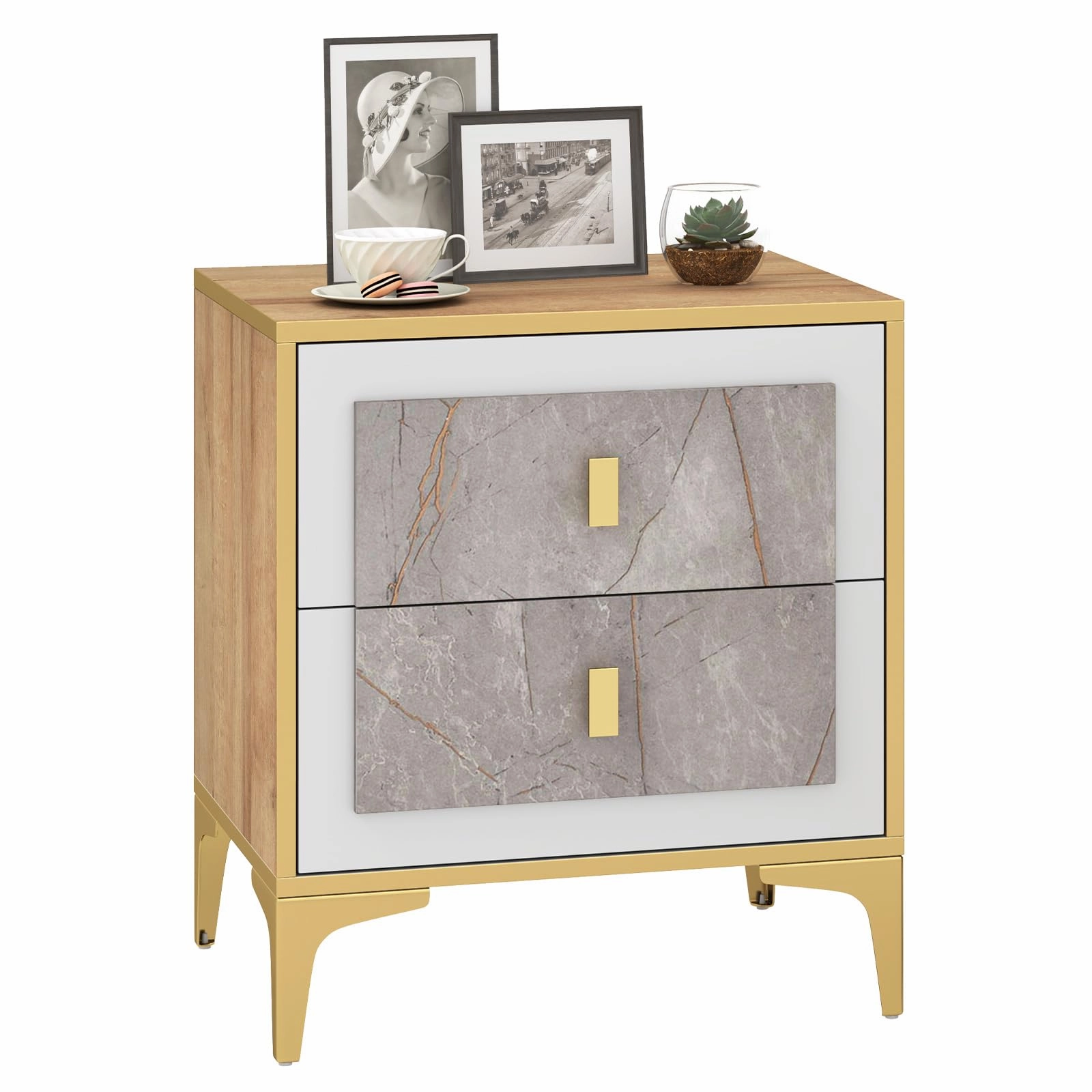 Giantex Modern Nightstand with 2 Drawers throw pillow, fuzzy blanket