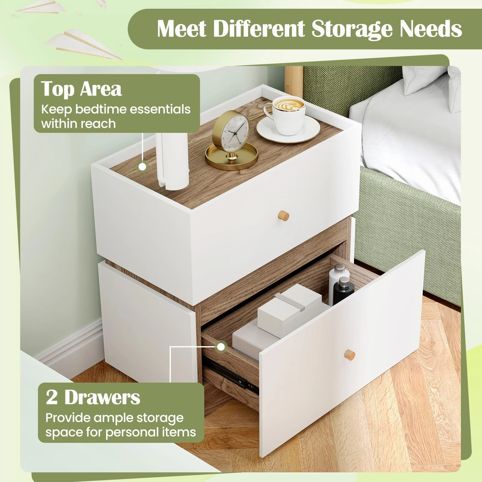 Giantex Modern Nightstand with 2 Storage Drawers, Wooden Night Stand with Raised Edge