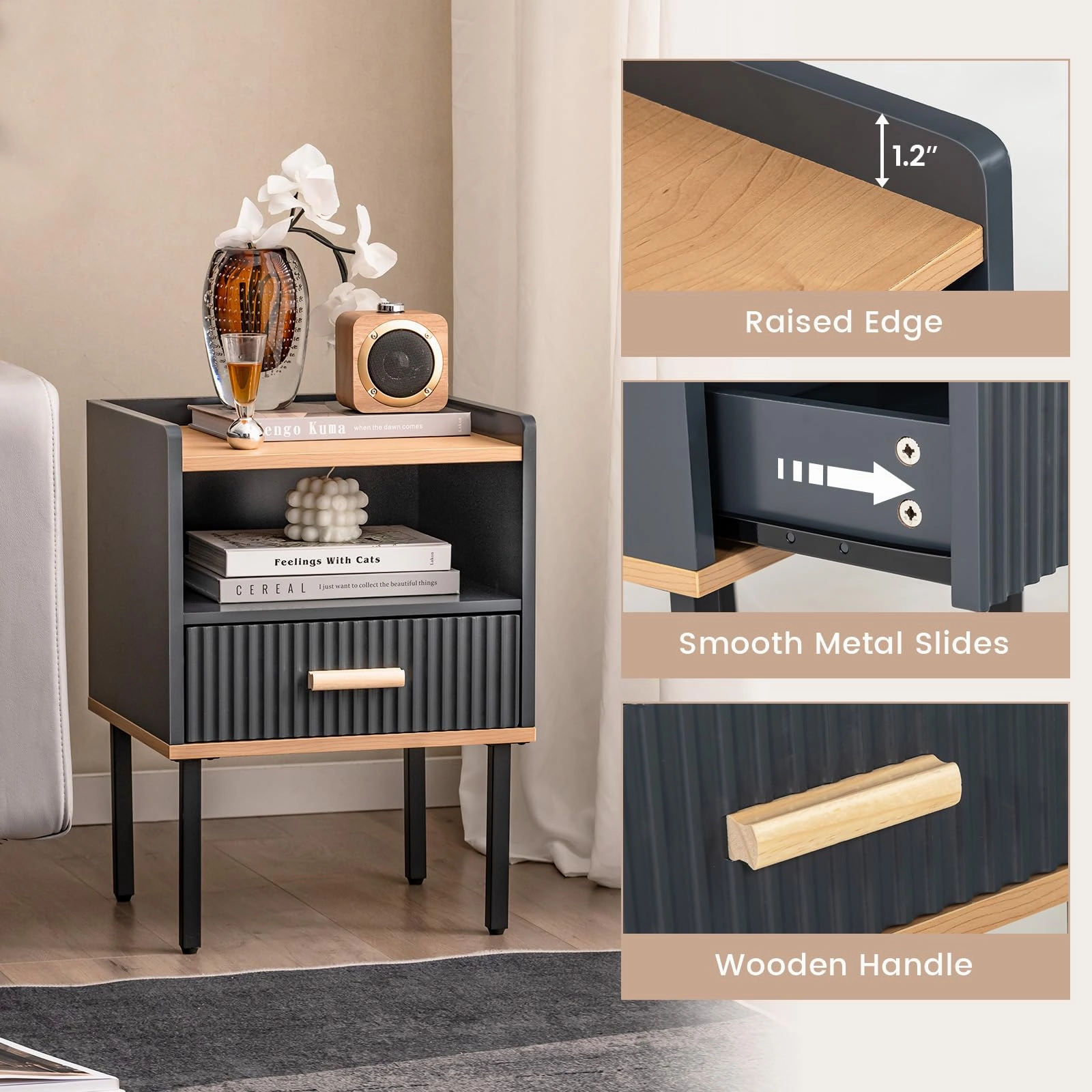 Giantex Modern Nightstand with Drawer - Bedside Table with Open Shelf, Gray