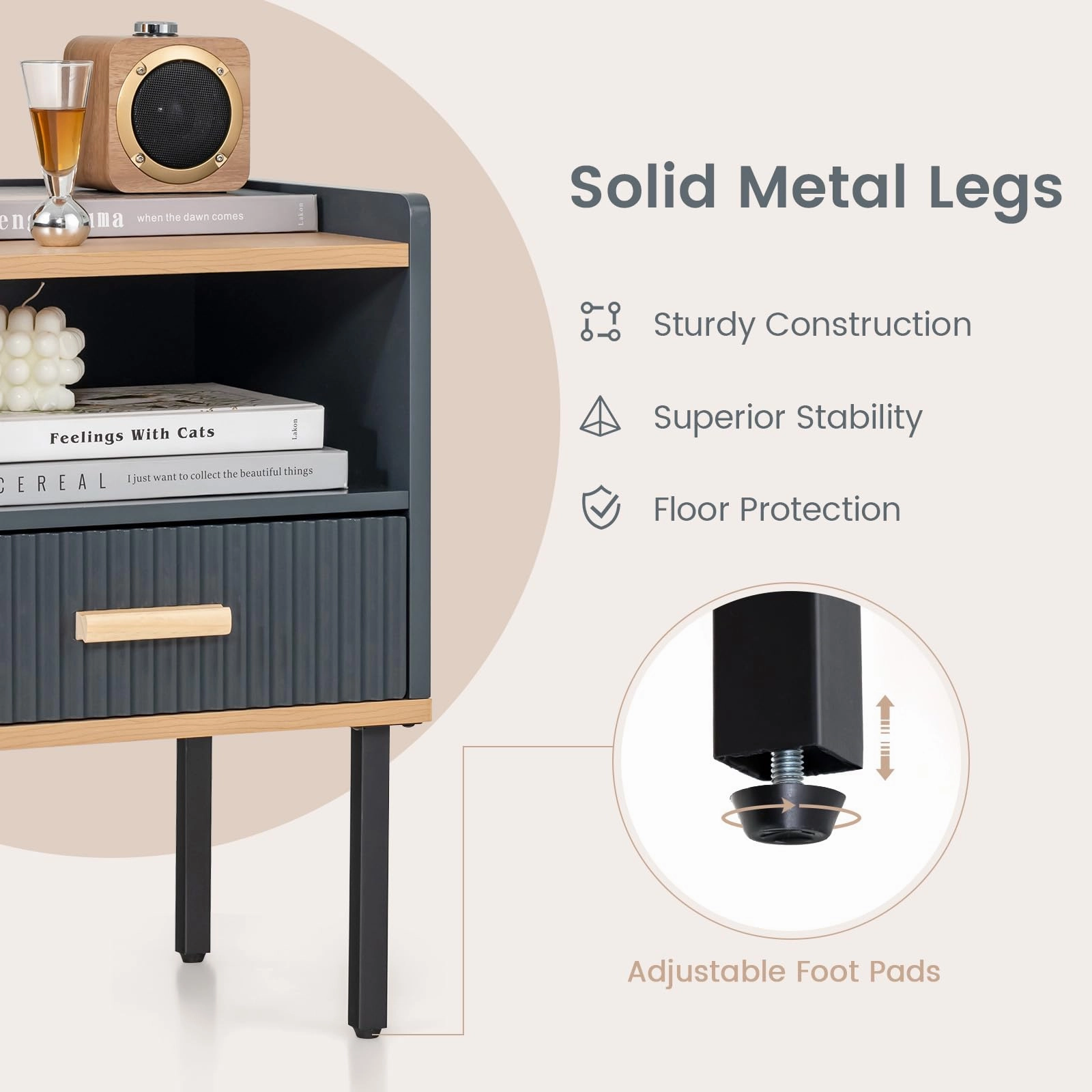 Giantex Modern Nightstand with Drawer - Bedside Table with Open Shelf, Gray