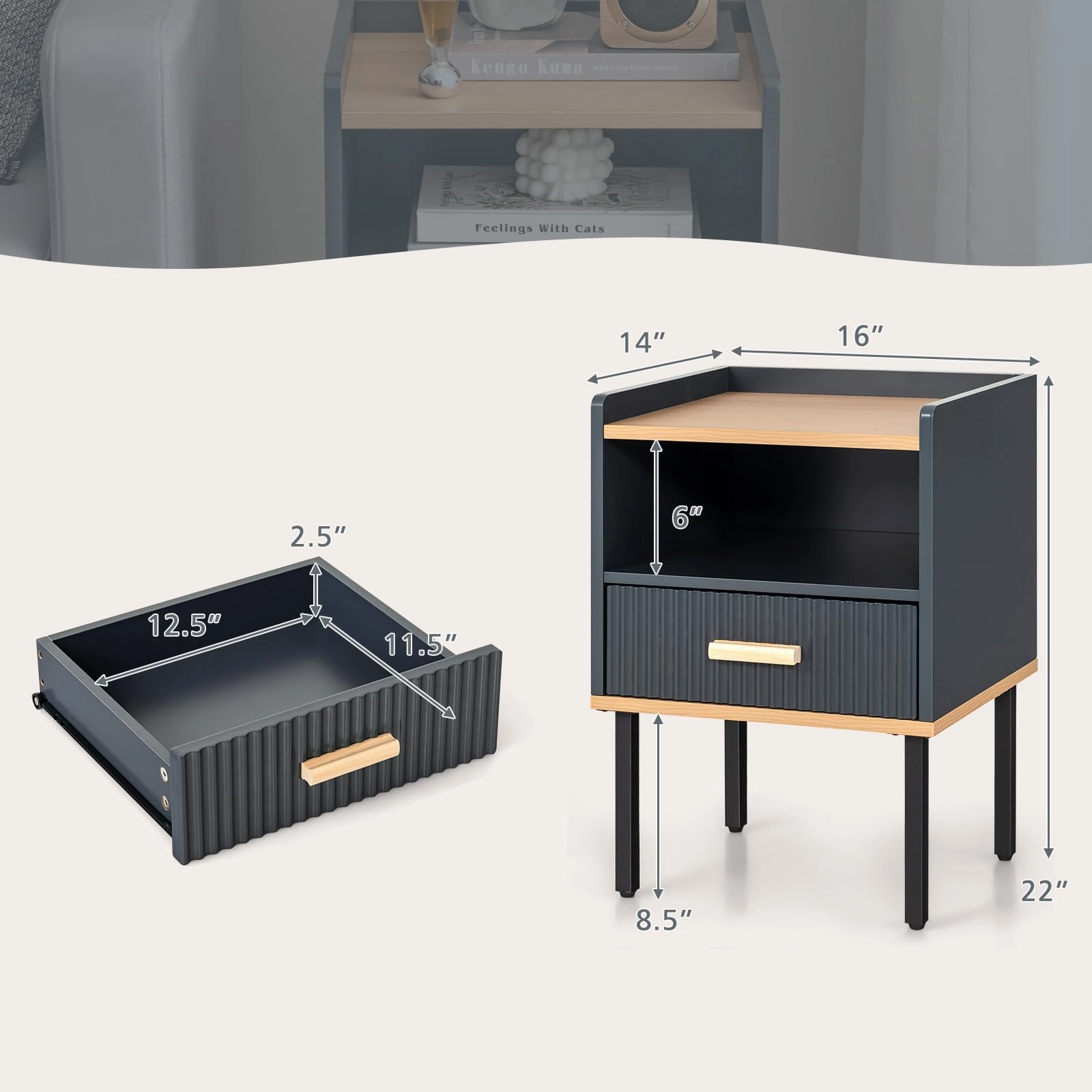 Giantex Modern Nightstand with Drawer - Bedside Table with Open Shelf, Gray