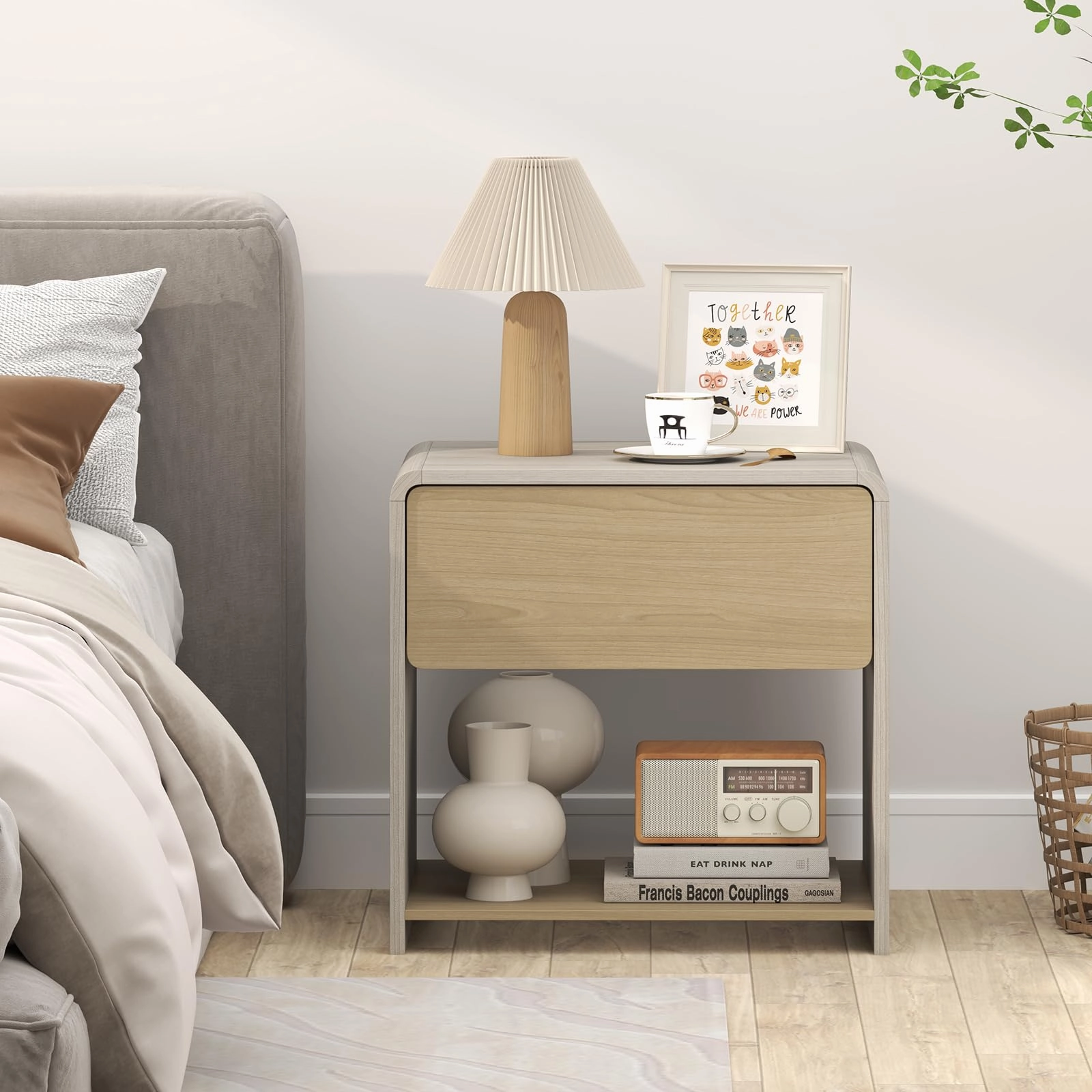 Giantex Modern Nightstand with Drawer Set of 1/2 Storage Open Shelf