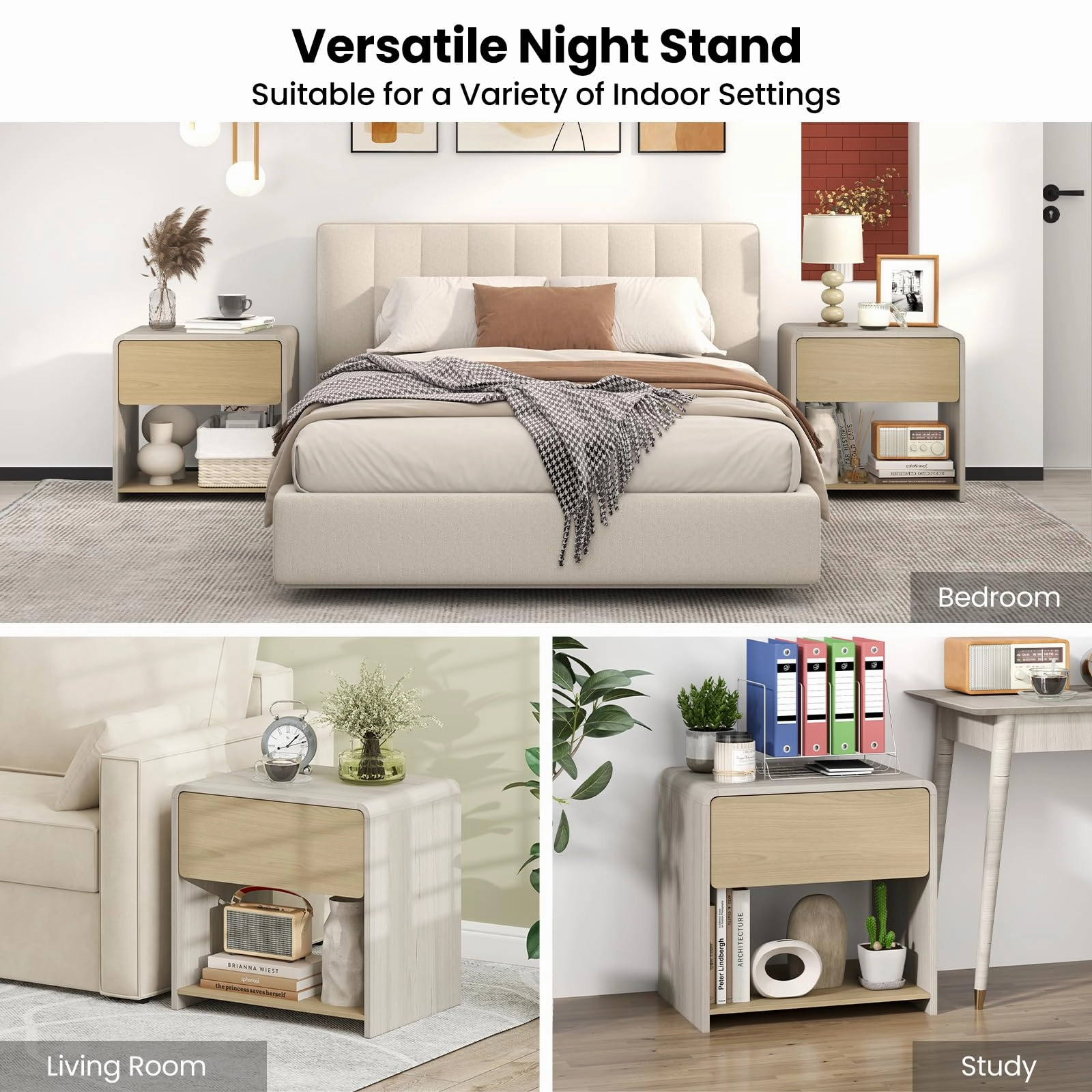 Giantex Modern Nightstand with Drawer Set of 1/2 Storage Open Shelf