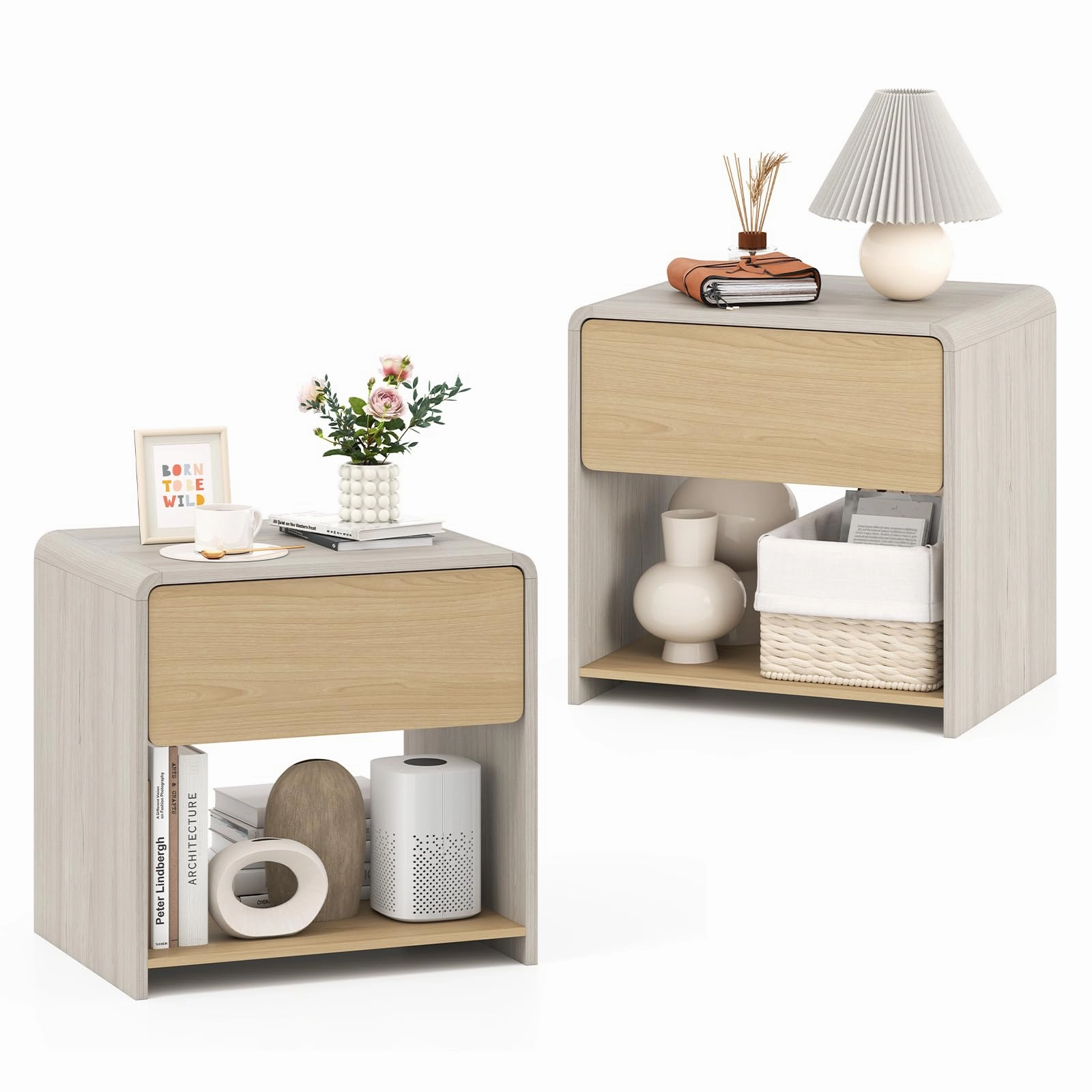 Giantex Modern Nightstand with Drawer Set of 1/2 Storage Open Shelf