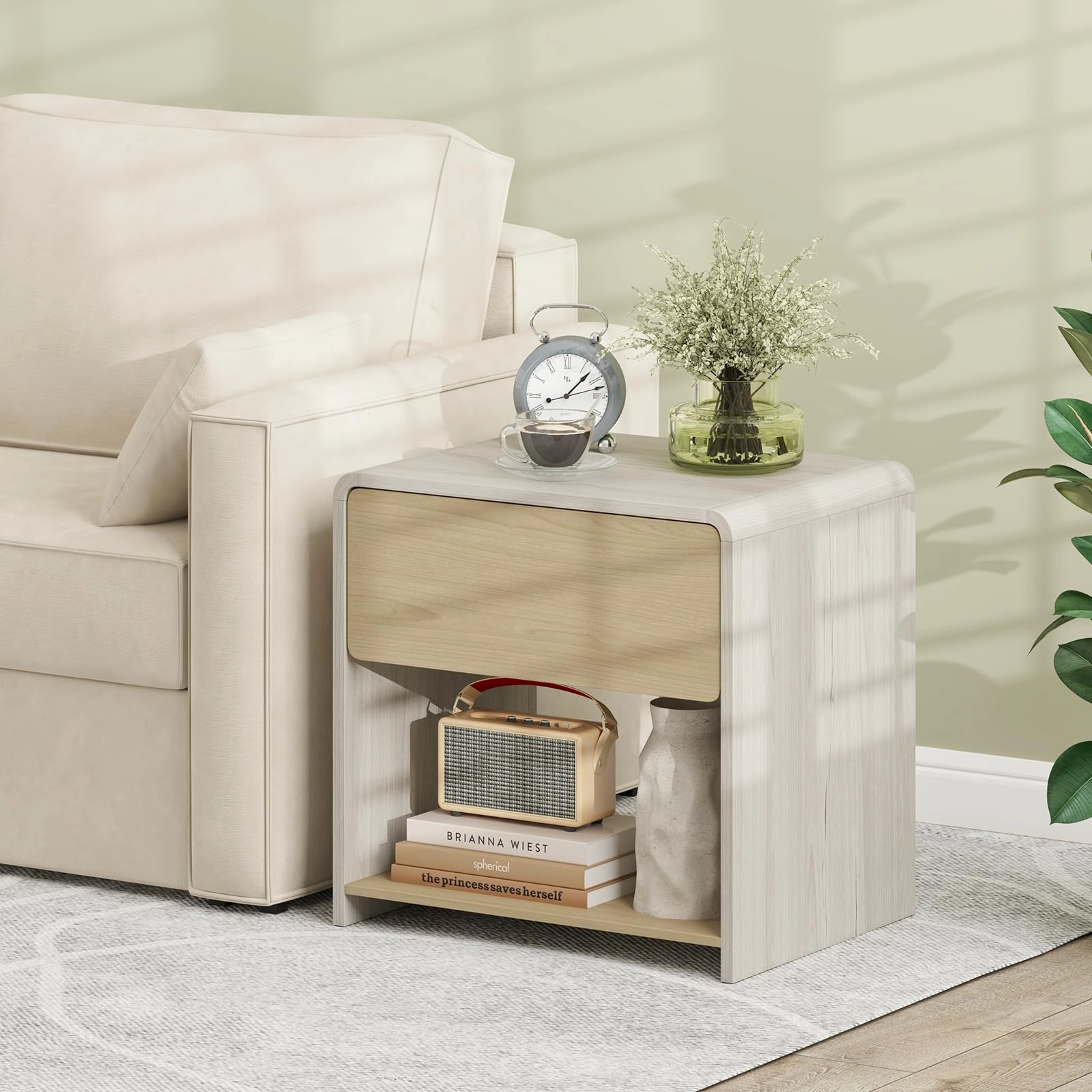 Giantex Modern Nightstand with Drawer Set of 1/2 Storage Open Shelf