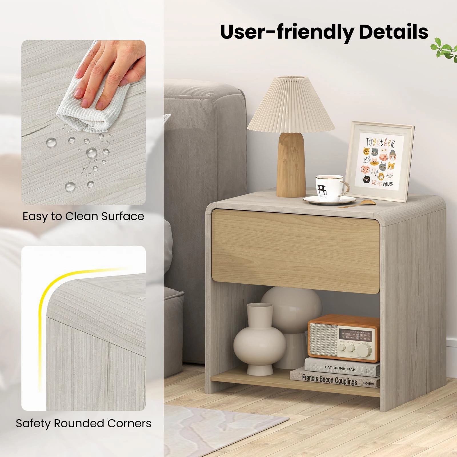 Giantex Modern Nightstand with Drawer Set of 1/2 Storage Open Shelf