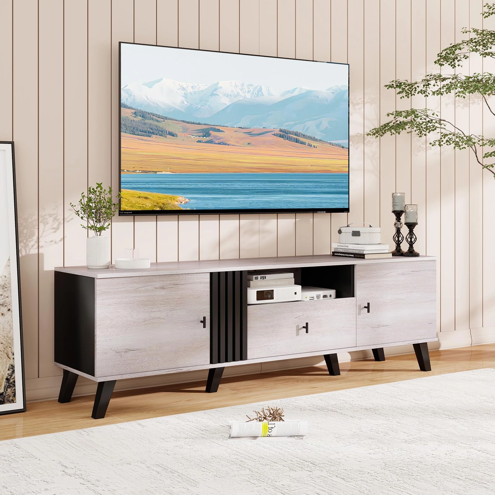 Giantex Modern TV Stand for 65-80 Inch TV throw pillow, fuzzy blanket