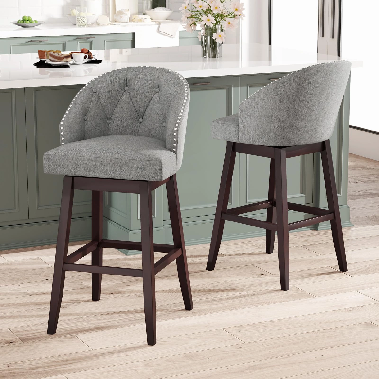 Giantex Modern Upholstered Bar Stools Set of 2/4, 31" Bar Height Swivel Kitchen Stools w/Button-Tufted Back