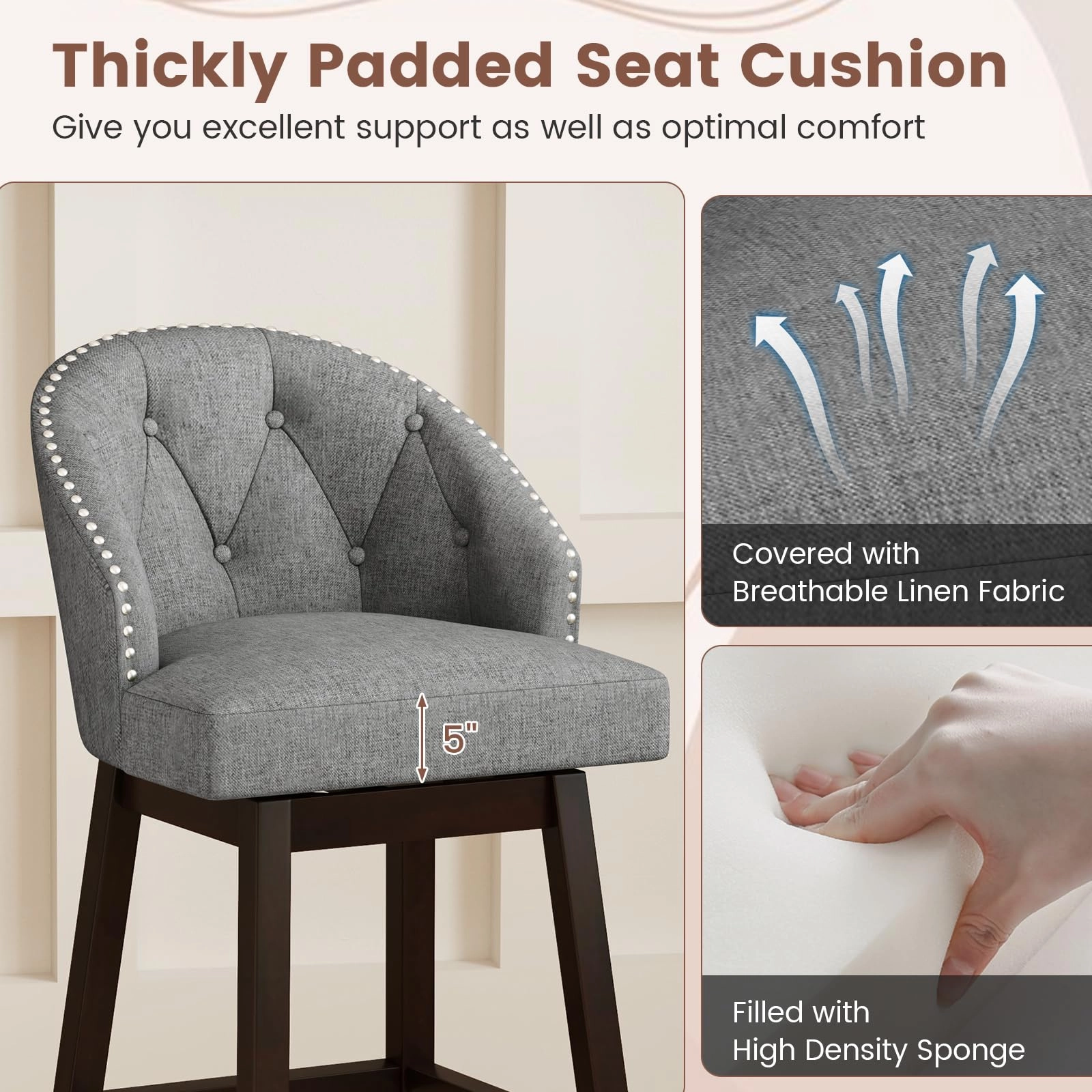 Giantex Modern Upholstered Bar Stools Set of 2/4, 31" Bar Height Swivel Kitchen Stools w/Button-Tufted Back