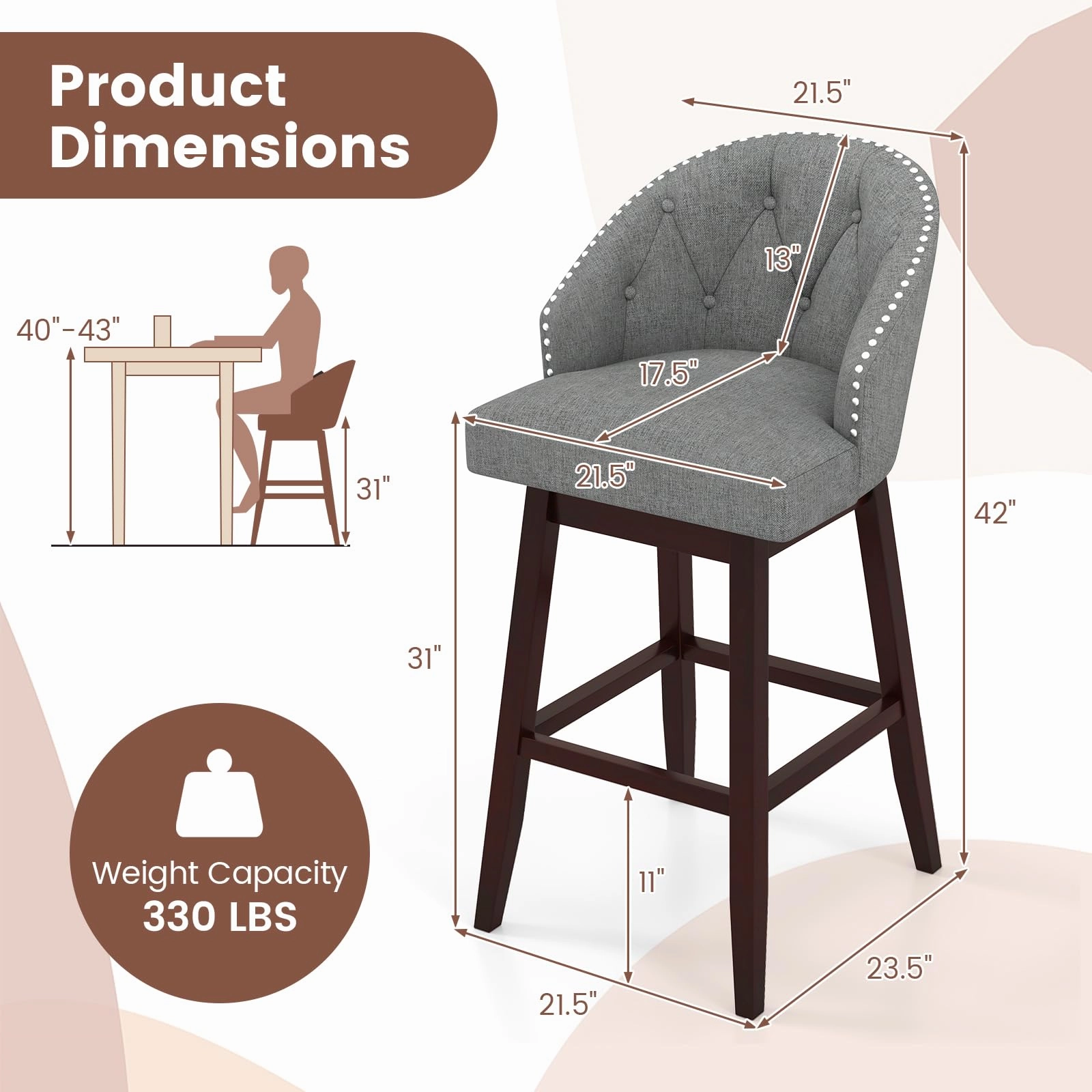 Giantex Modern Upholstered Bar Stools Set of 2/4, 31" Bar Height Swivel Kitchen Stools w/Button-Tufted Back